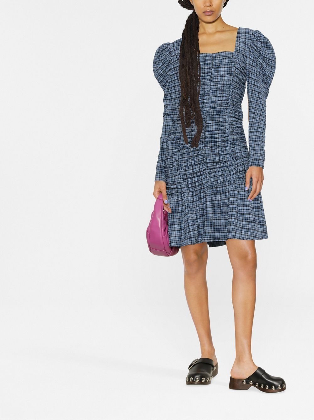 Stretch Seersucker Gathered Mini Dress