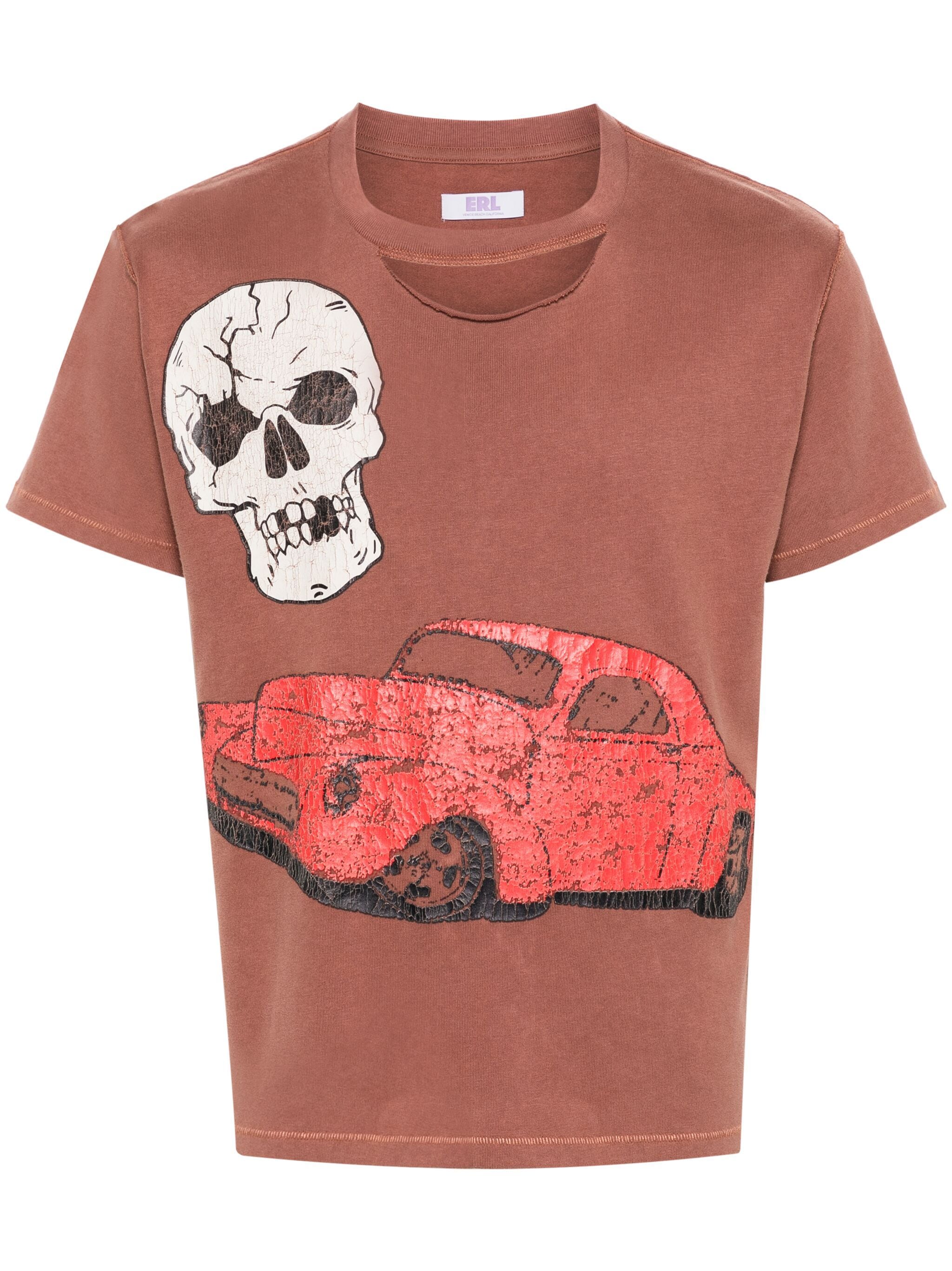 UNISEX RIPPED COLLAR SKULL RED CAR TSHIRT KNIT