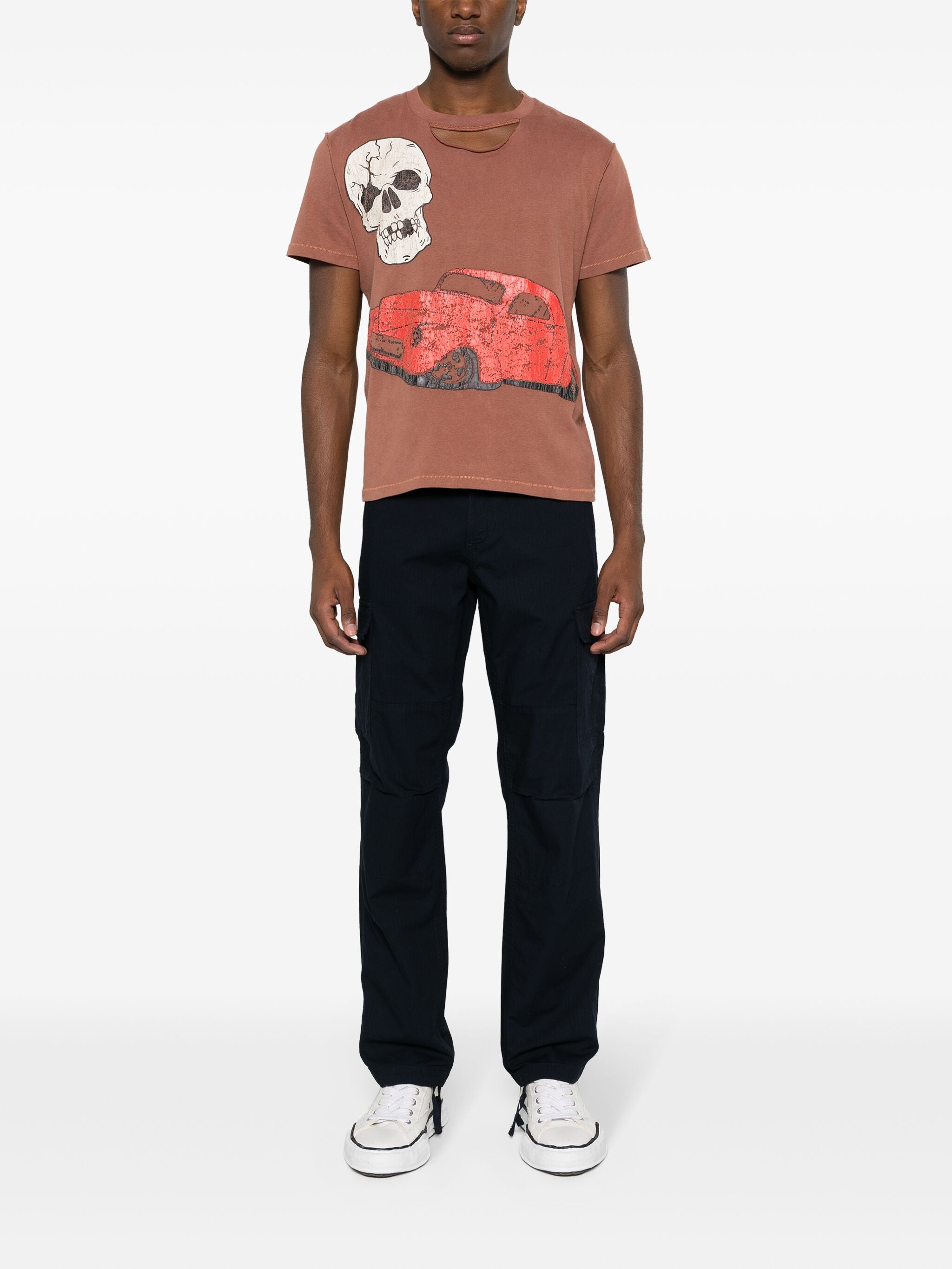 UNISEX RIPPED COLLAR SKULL RED CAR TSHIRT KNIT