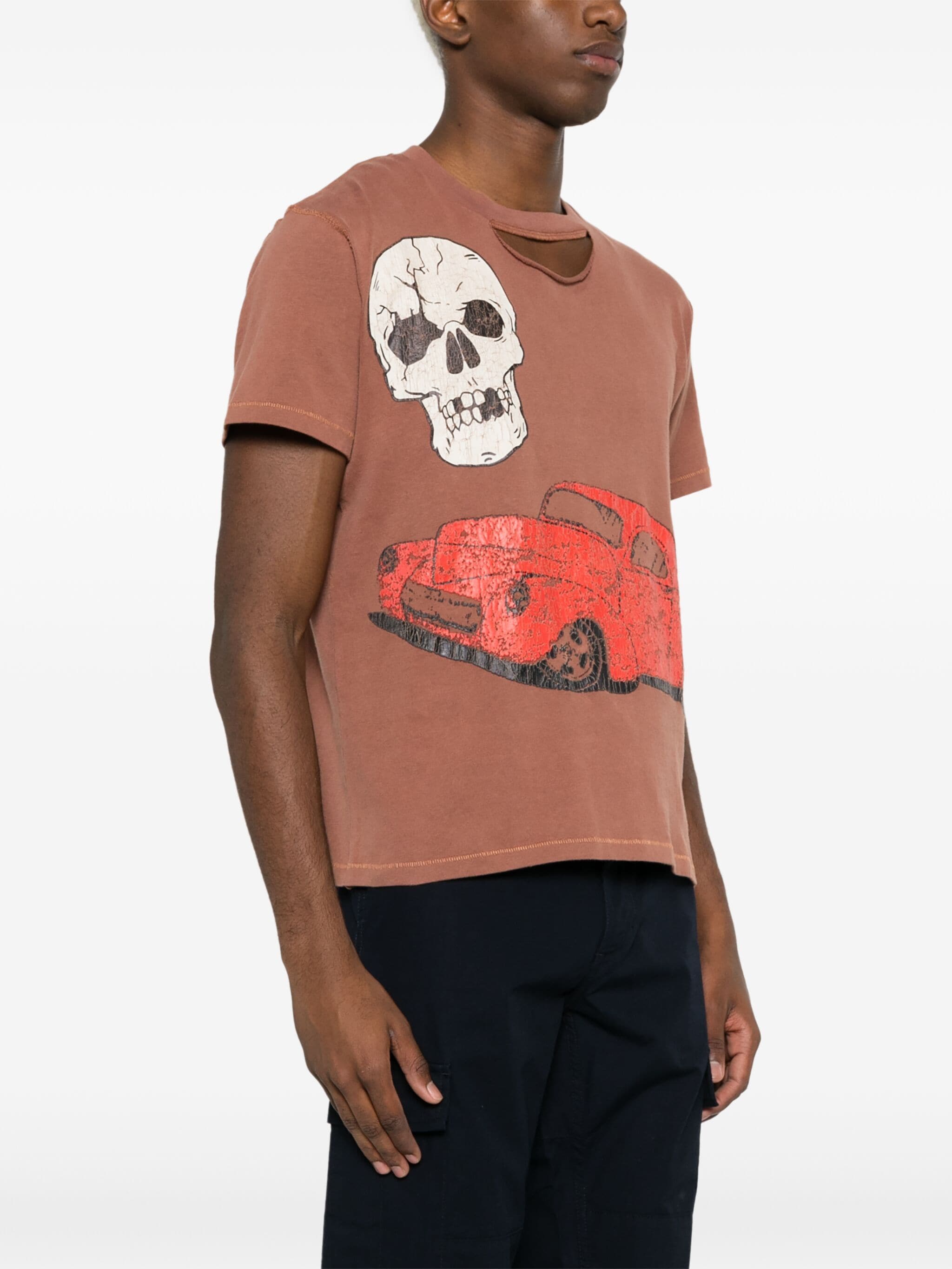 UNISEX RIPPED COLLAR SKULL RED CAR TSHIRT KNIT