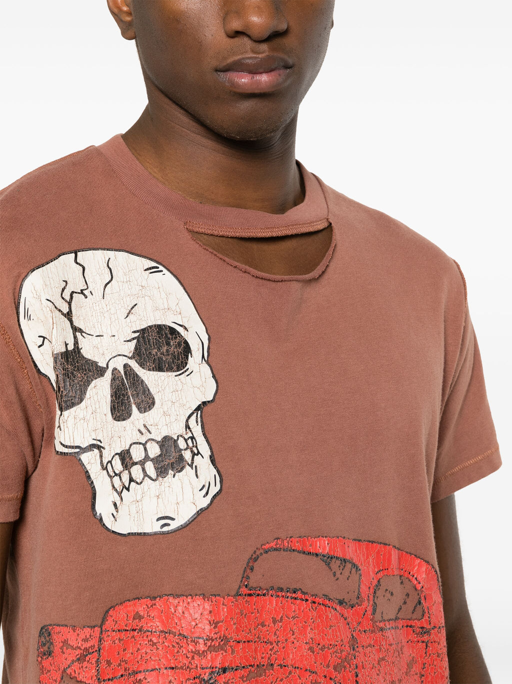 UNISEX RIPPED COLLAR SKULL RED CAR TSHIRT KNIT