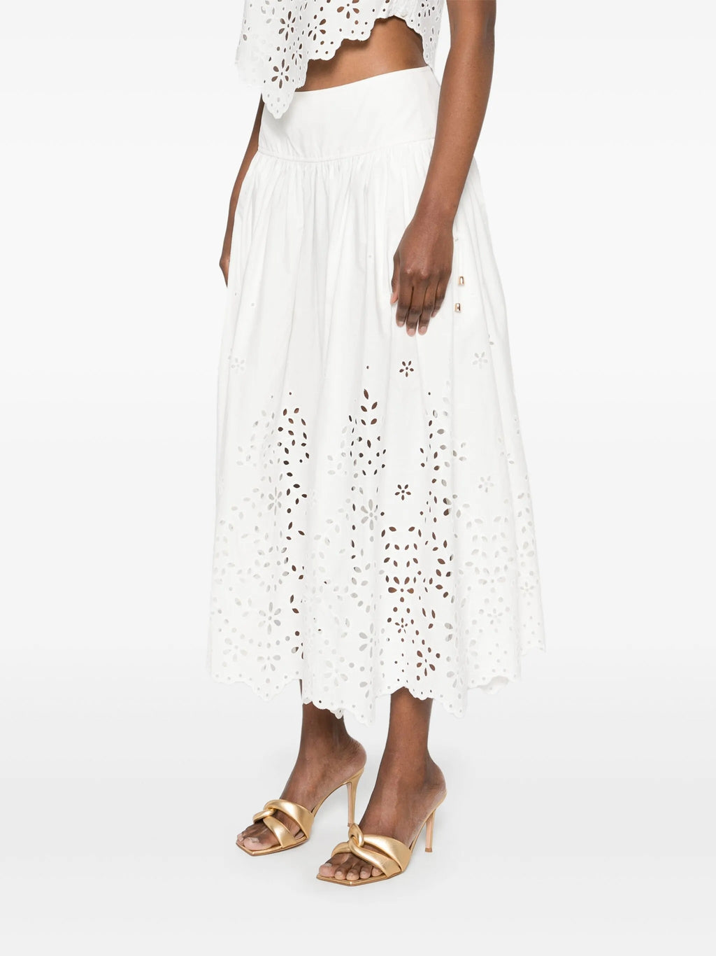WHITE COTTON EMBROIDERED MIDI SKIRT