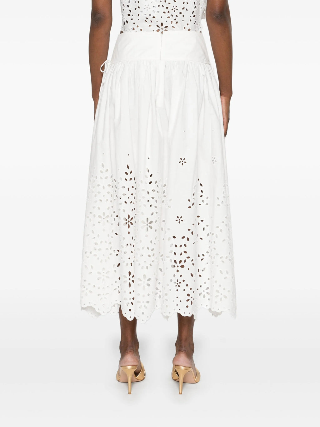 WHITE COTTON EMBROIDERED MIDI SKIRT