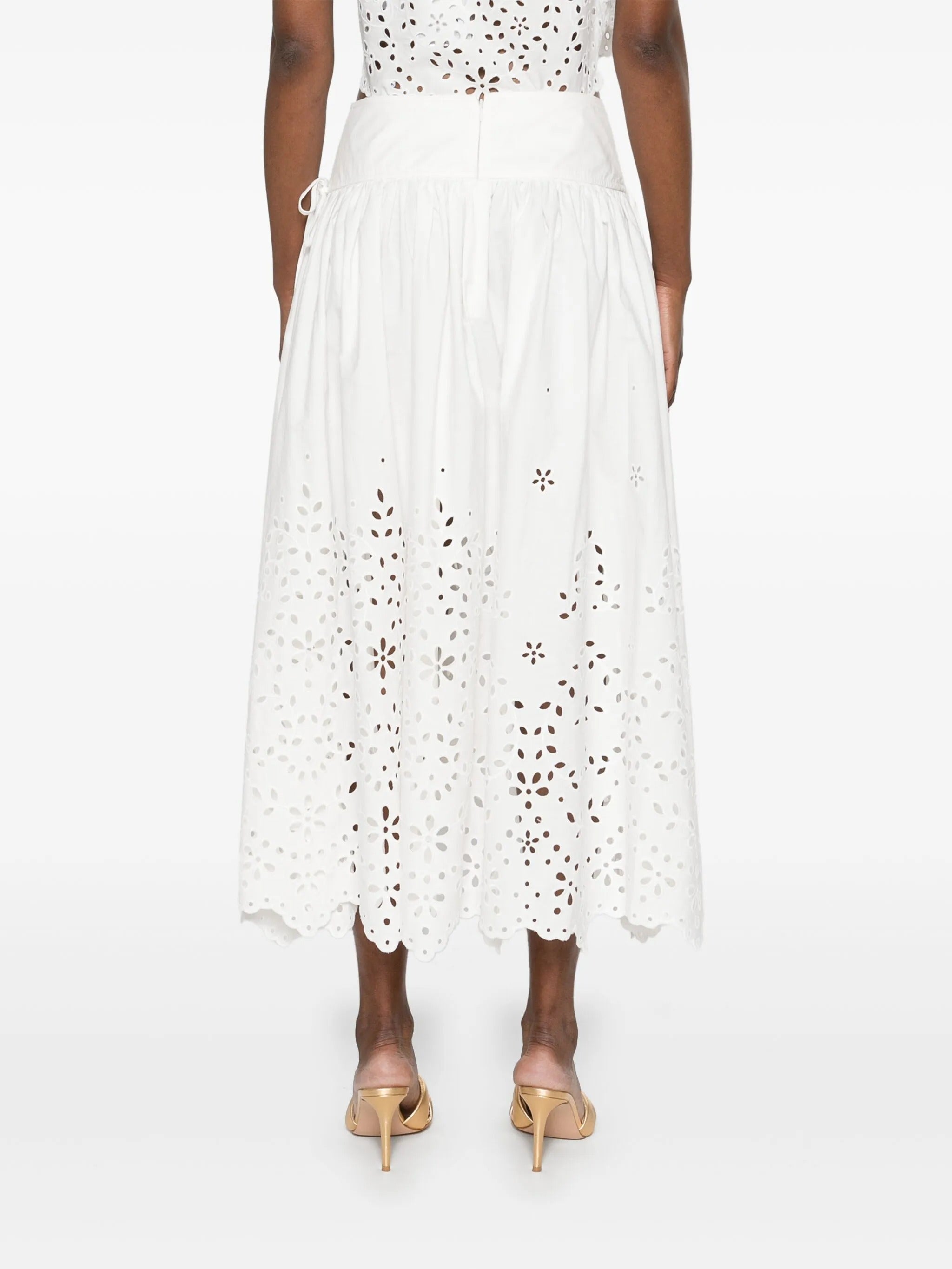 WHITE COTTON EMBROIDERED MIDI SKIRT