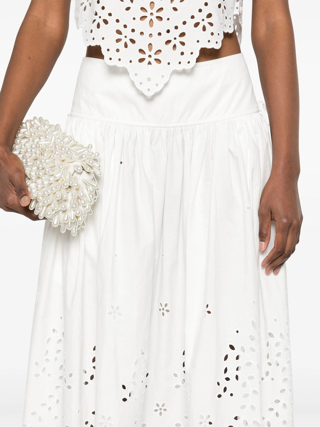 WHITE COTTON EMBROIDERED MIDI SKIRT
