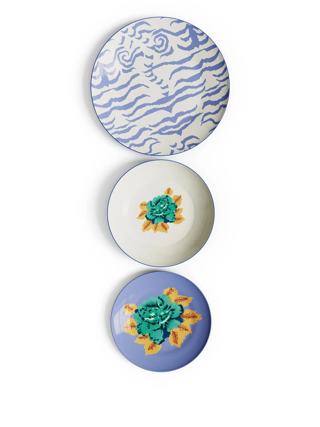 Porcelain Set Plate Of 3 Indian Tiger Pervinch
