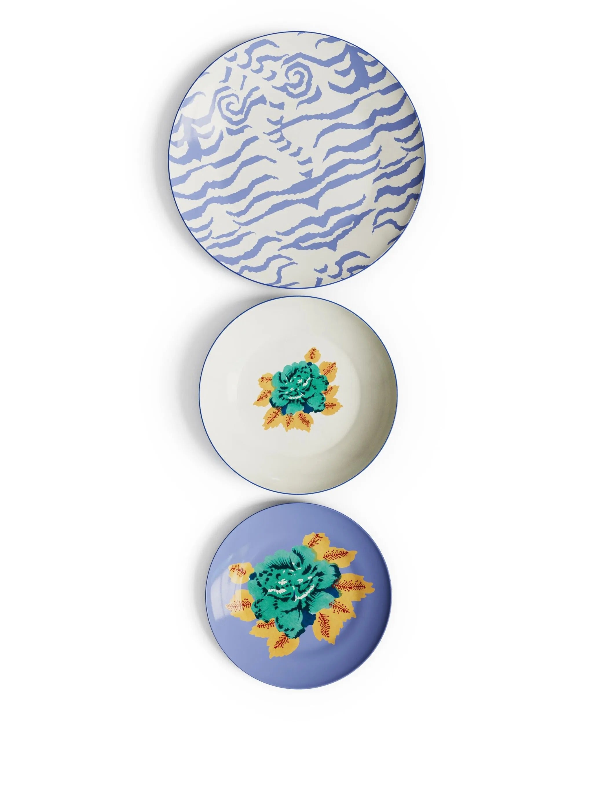 Porcelain Set Plate Of 3 Indian Tiger Pervinch