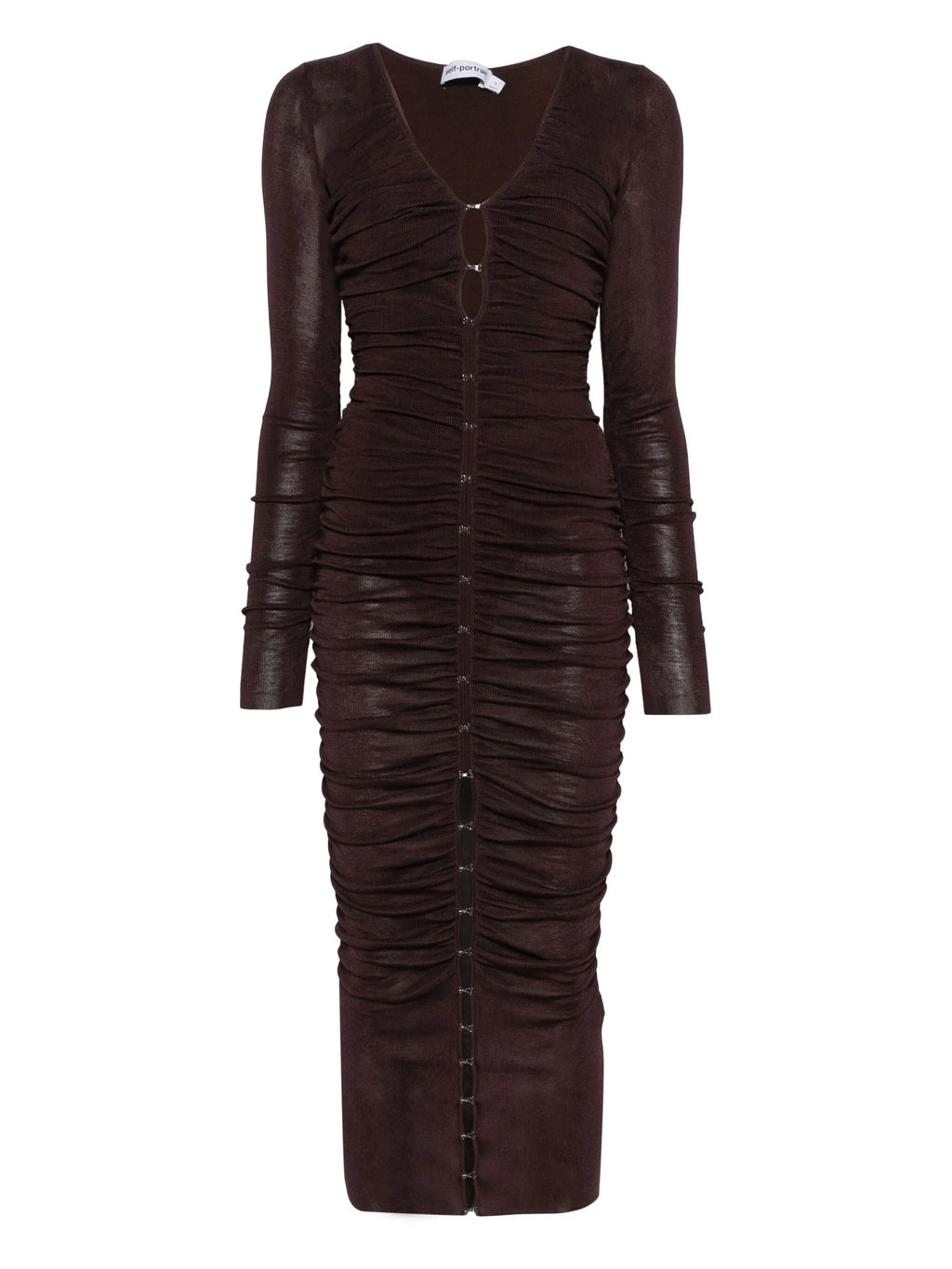 BROWN GATHERED VISCOSE KNIT MIDI DRESS