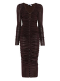 BROWN GATHERED VISCOSE KNIT MIDI DRESS