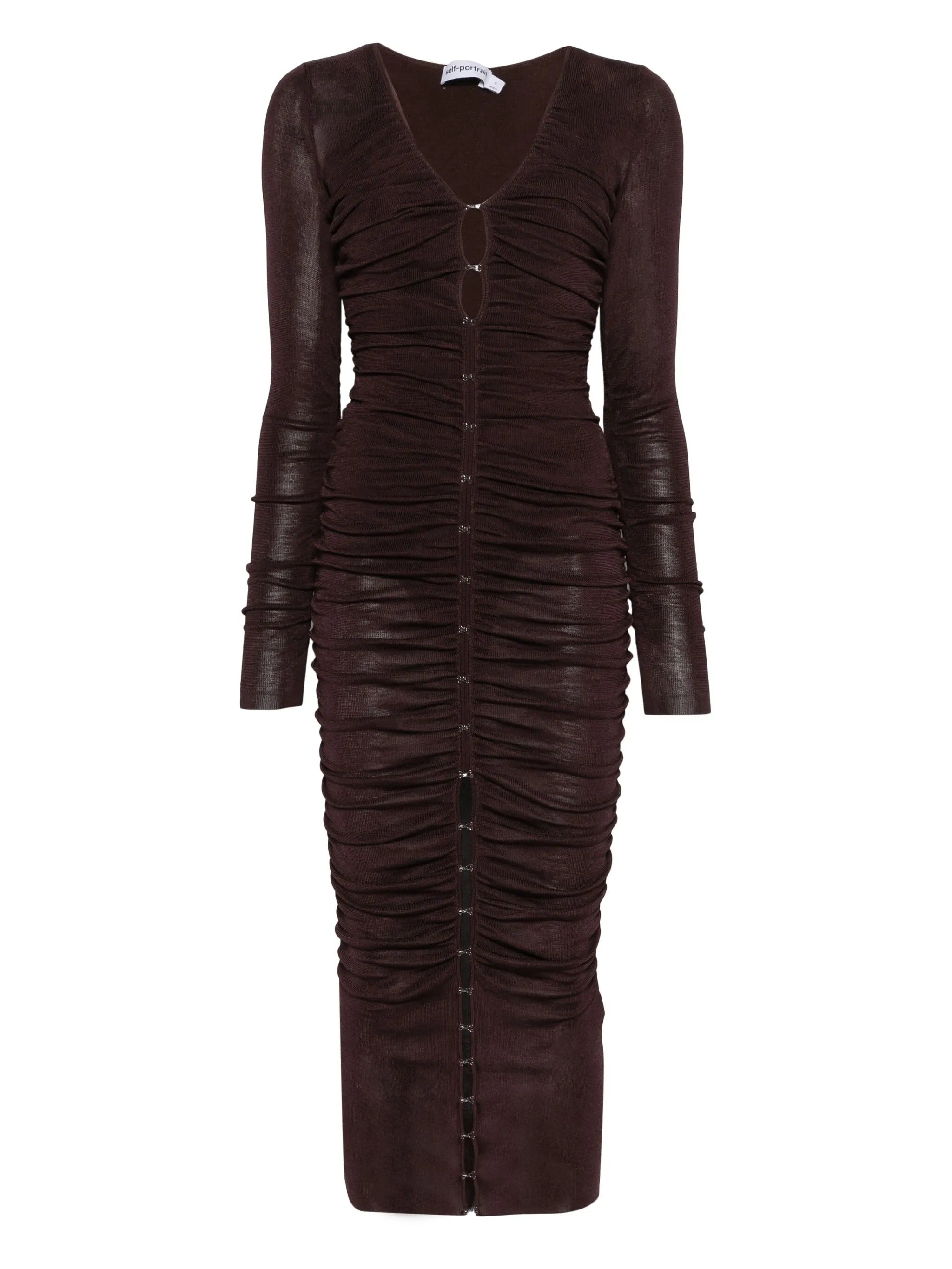BROWN GATHERED VISCOSE KNIT MIDI DRESS