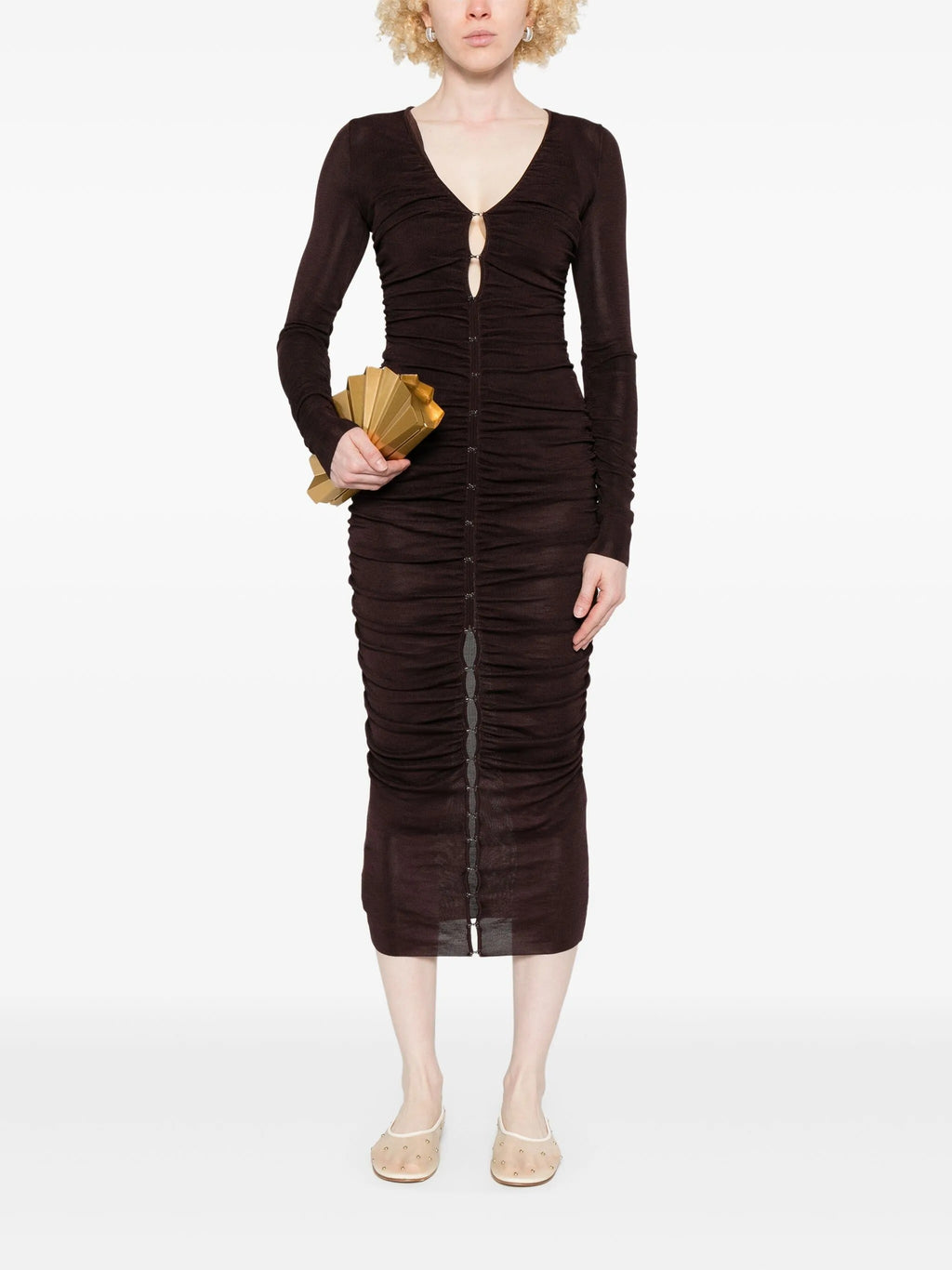 BROWN GATHERED VISCOSE KNIT MIDI DRESS