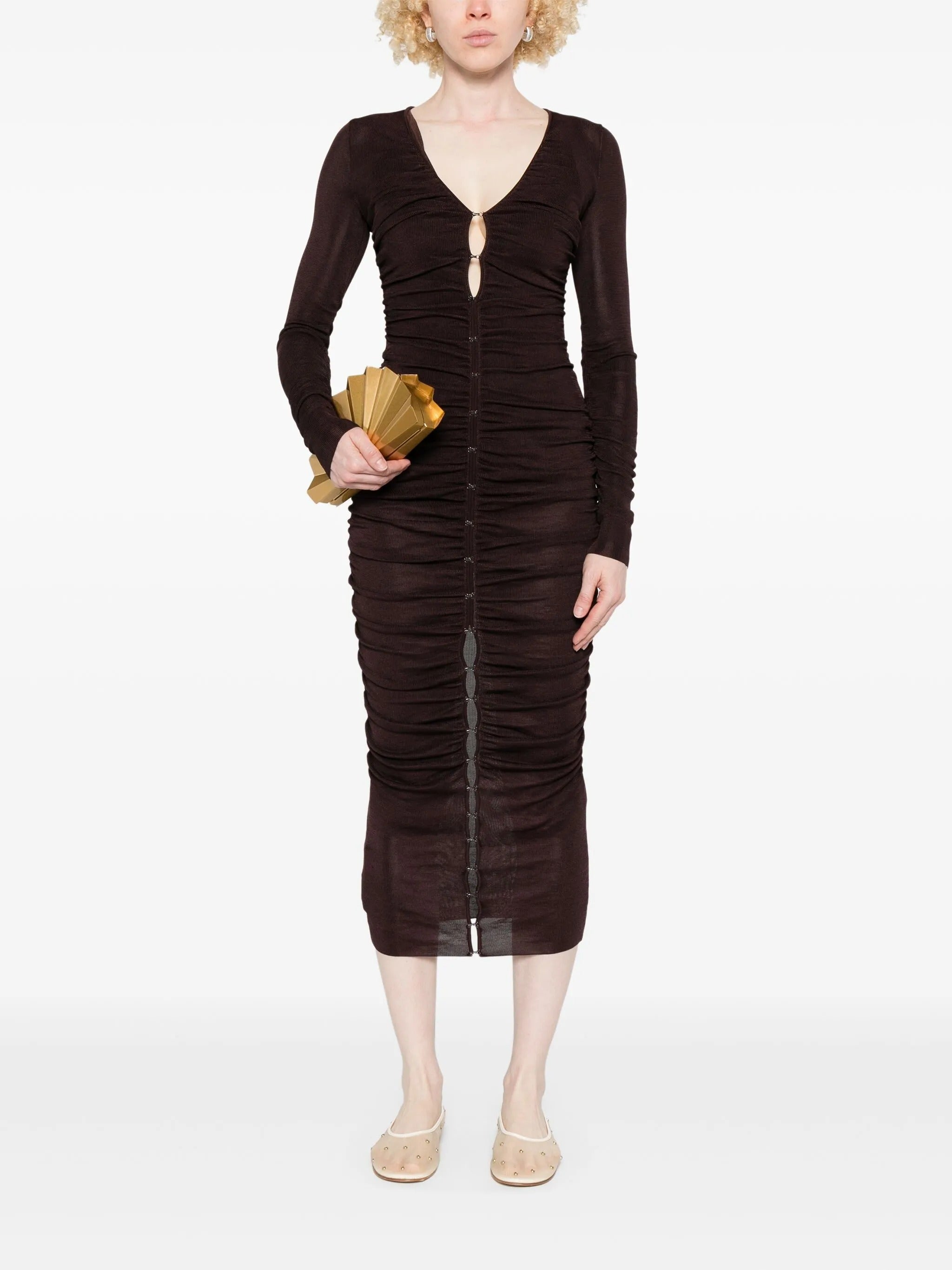 BROWN GATHERED VISCOSE KNIT MIDI DRESS