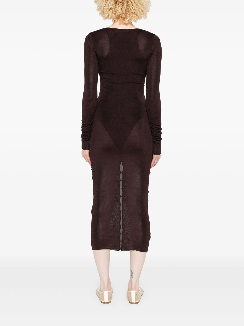 BROWN GATHERED VISCOSE KNIT MIDI DRESS