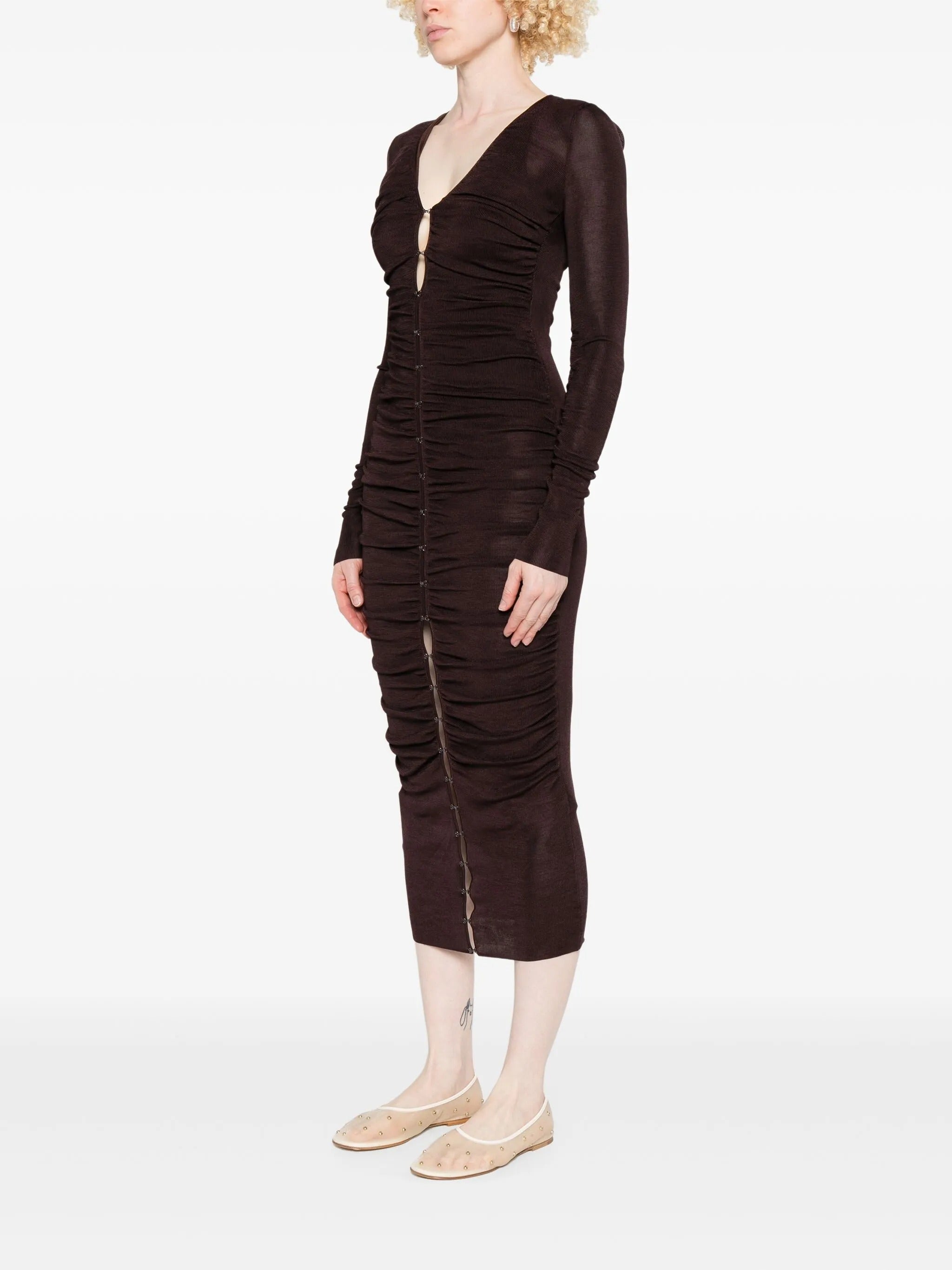 BROWN GATHERED VISCOSE KNIT MIDI DRESS