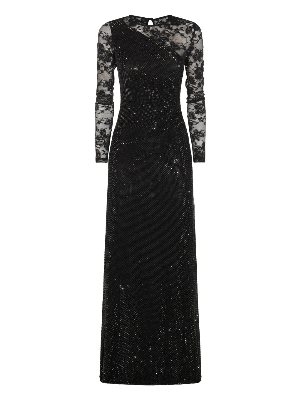BLACK RHINESTONE LACE SLEEVES MAXI DRESS