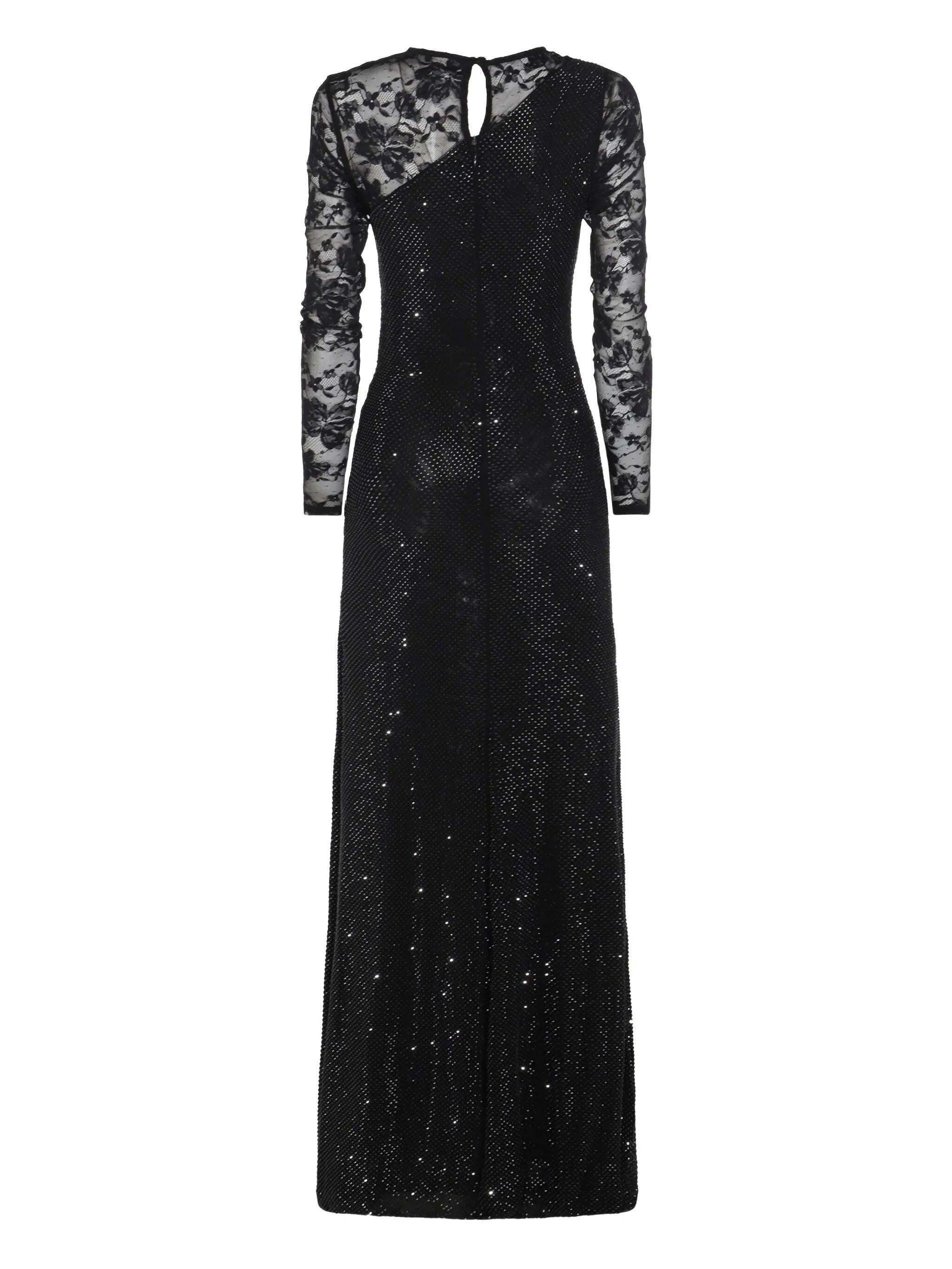 BLACK RHINESTONE LACE SLEEVES MAXI DRESS