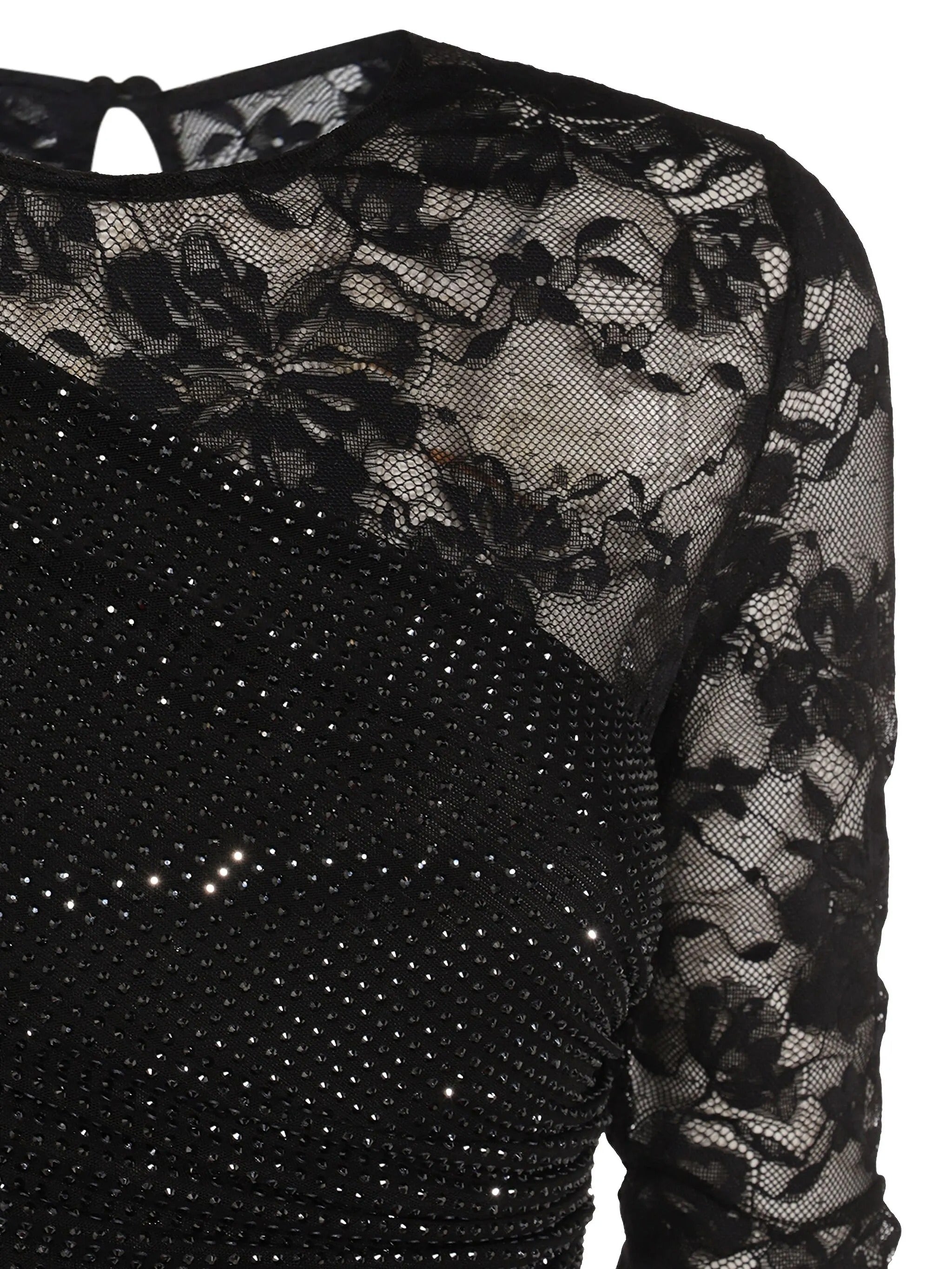 BLACK RHINESTONE LACE SLEEVES MAXI DRESS