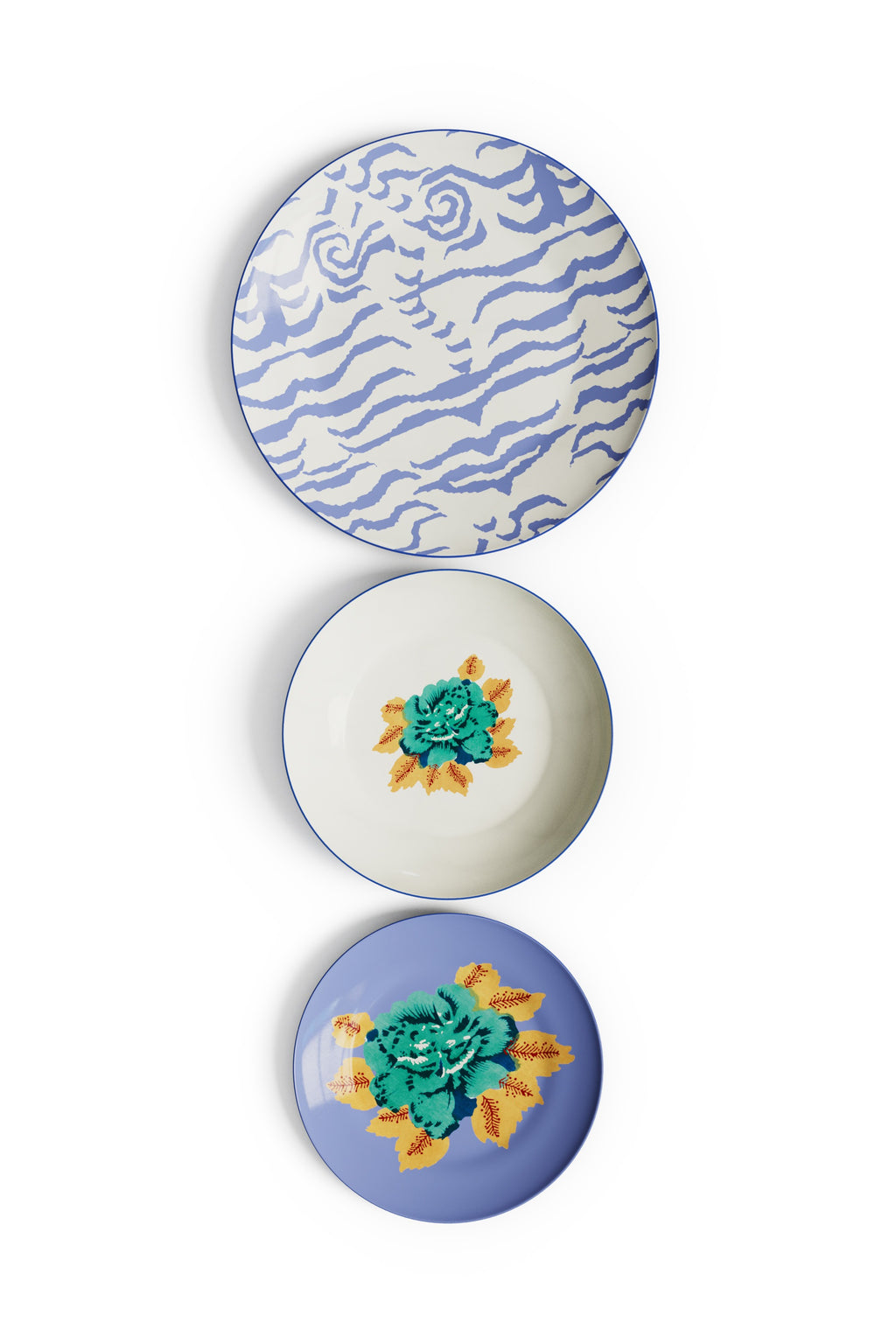 Porcelain Set Plate Of 3 Indian Tiger Pervinch
