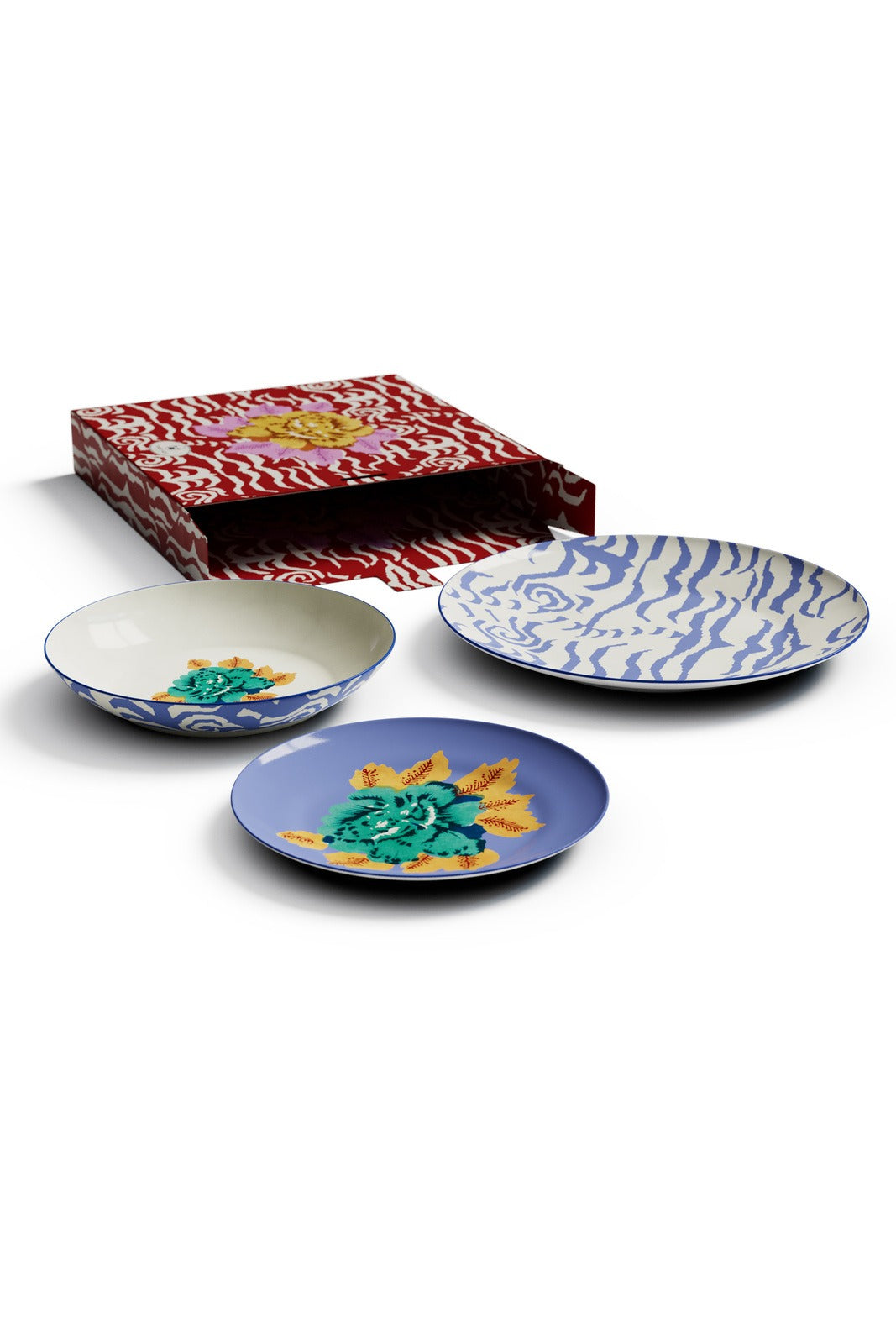 Porcelain Set Plate Of 3 Indian Tiger Pervinch