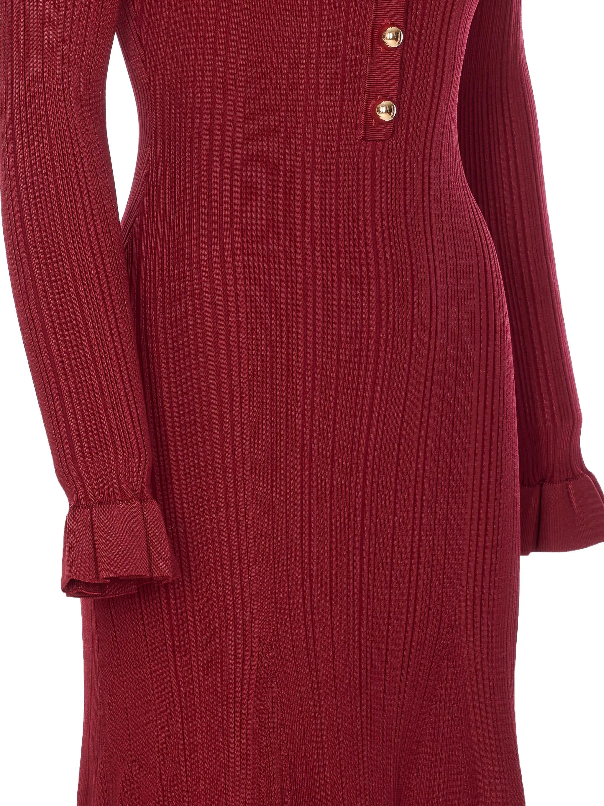 BURGUNDY RIBBED KNIT MIDI DRESS