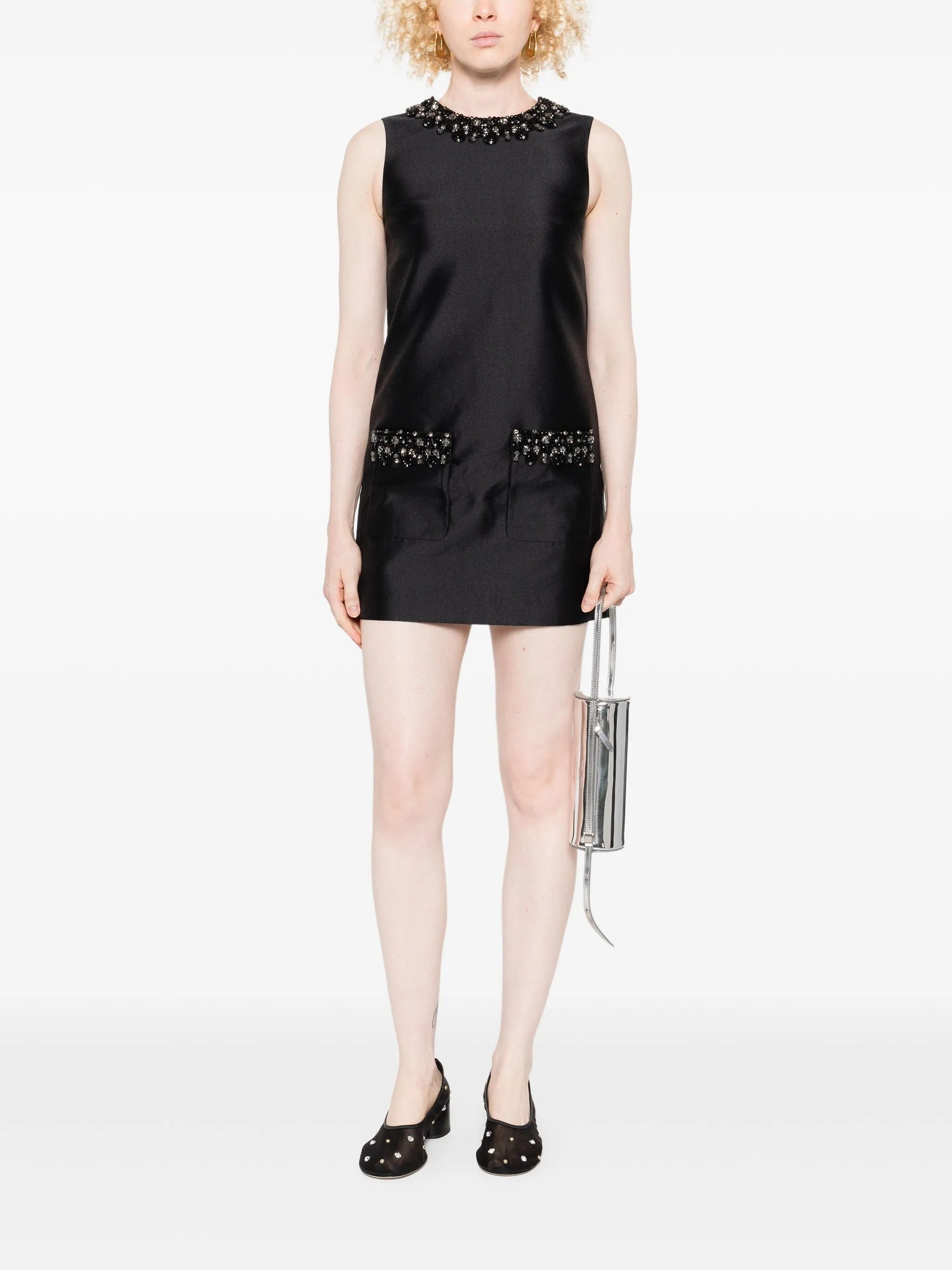 BLACK TAFFETA EMBELLISHED TRIM MINI DRESS
