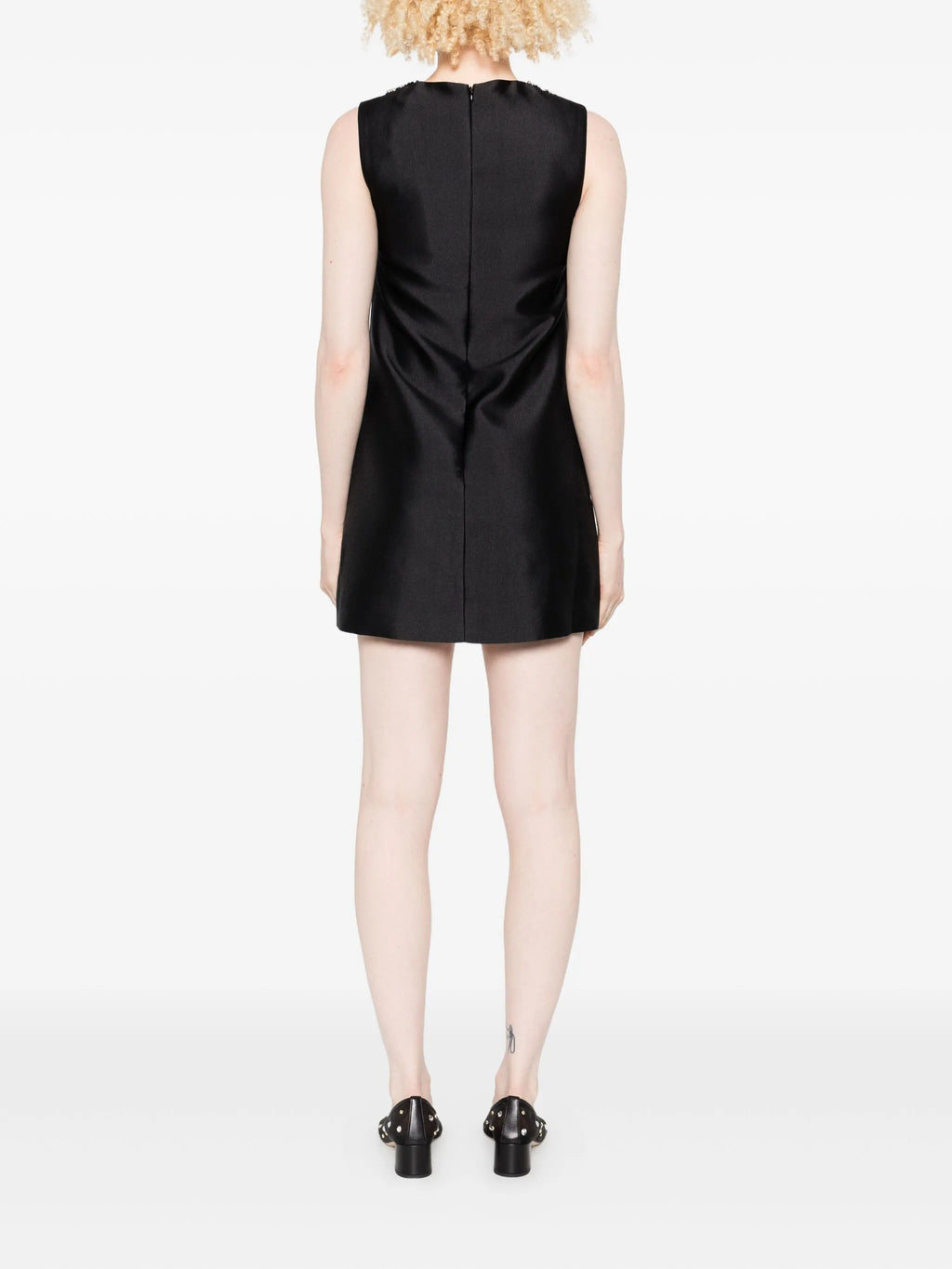 BLACK TAFFETA EMBELLISHED TRIM MINI DRESS