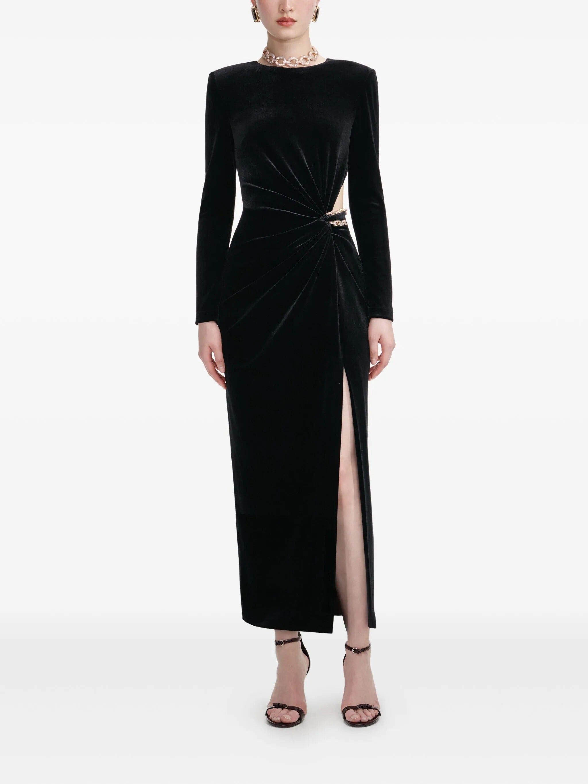 BLACK VELVET EMBELLISHED MIDI DRESS