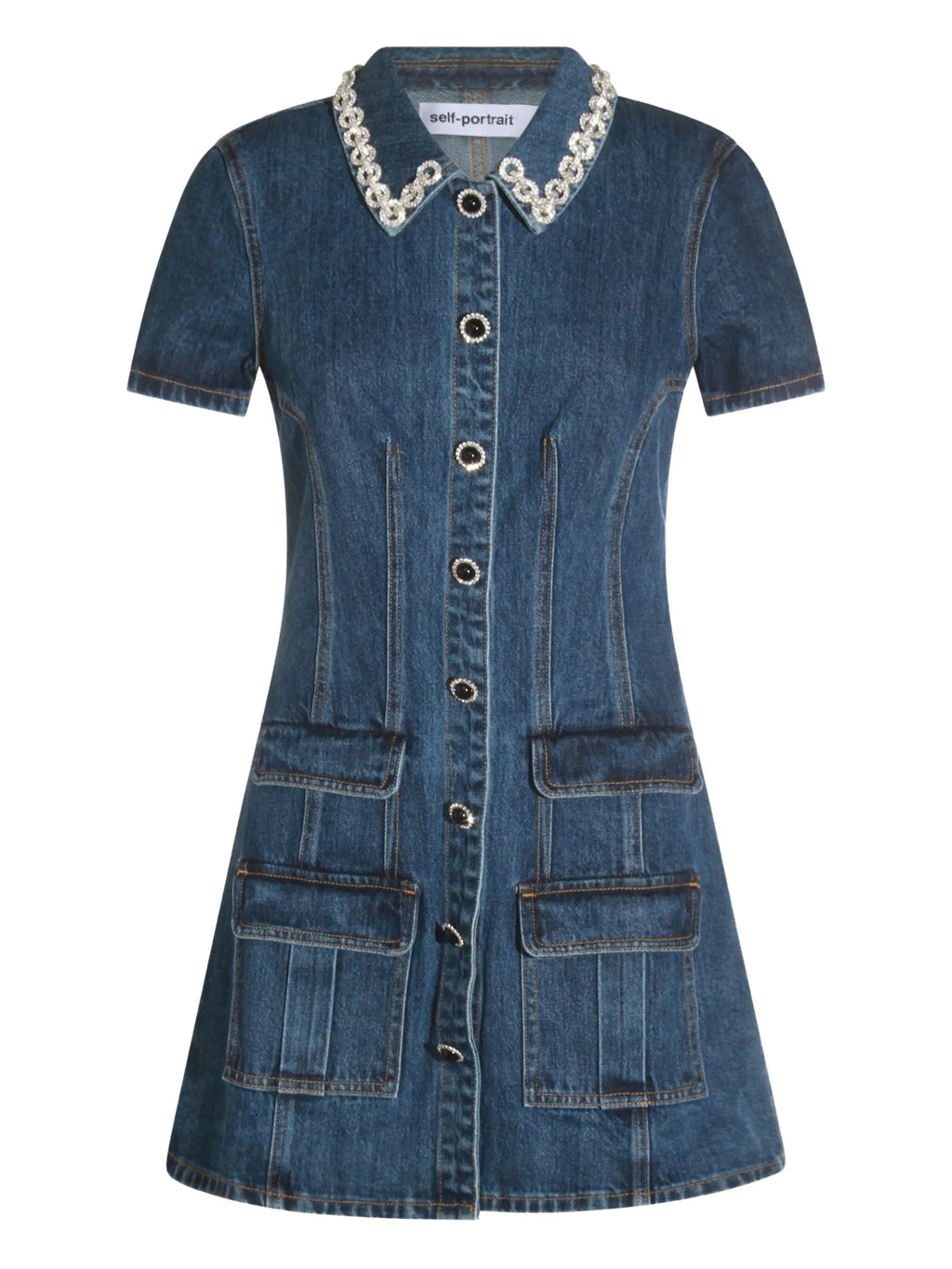 DENIM CRYSTAL TRIM COLLARED MINI DRESS