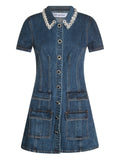 DENIM CRYSTAL TRIM COLLARED MINI DRESS