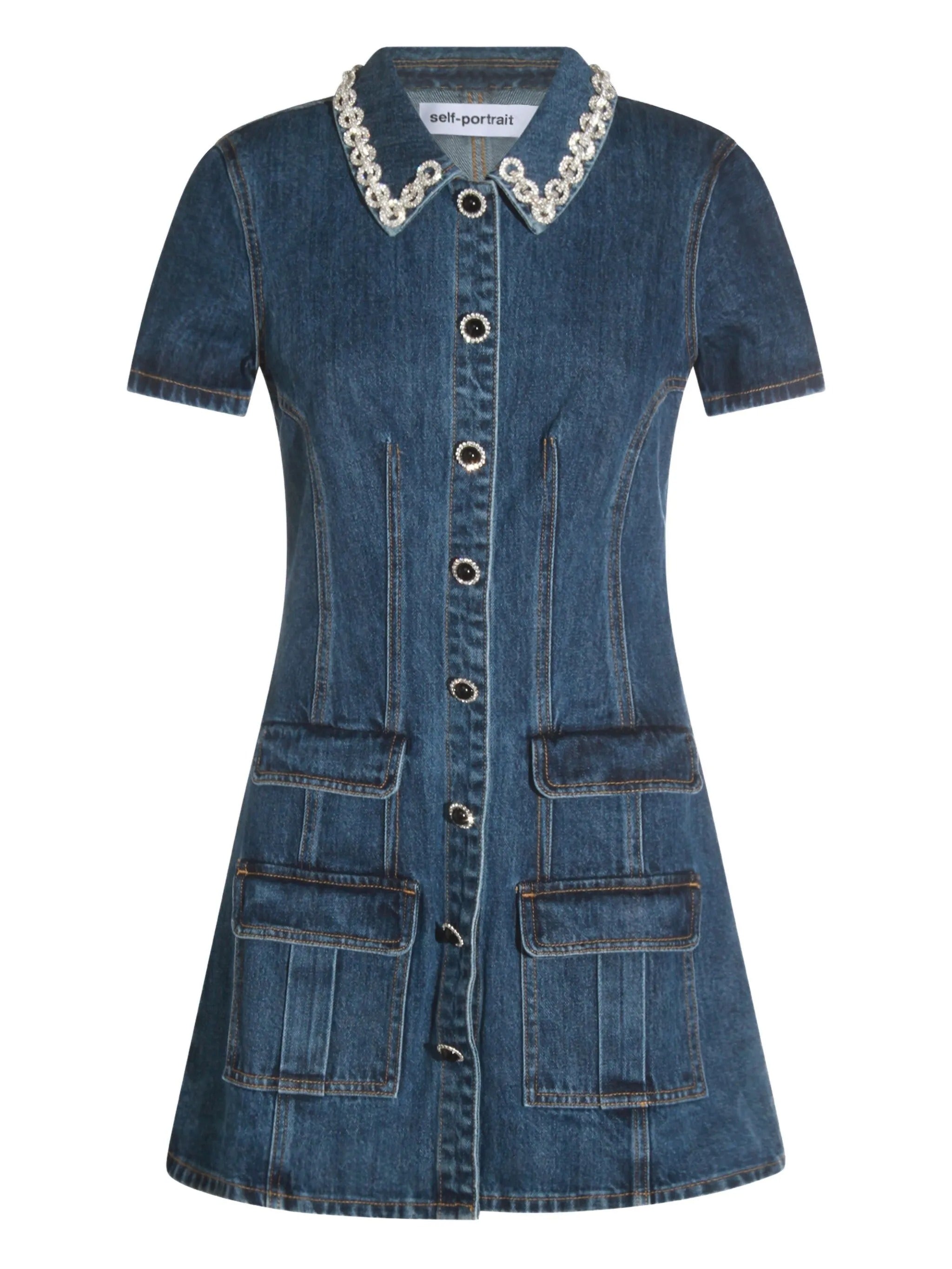 DENIM CRYSTAL TRIM COLLARED MINI DRESS