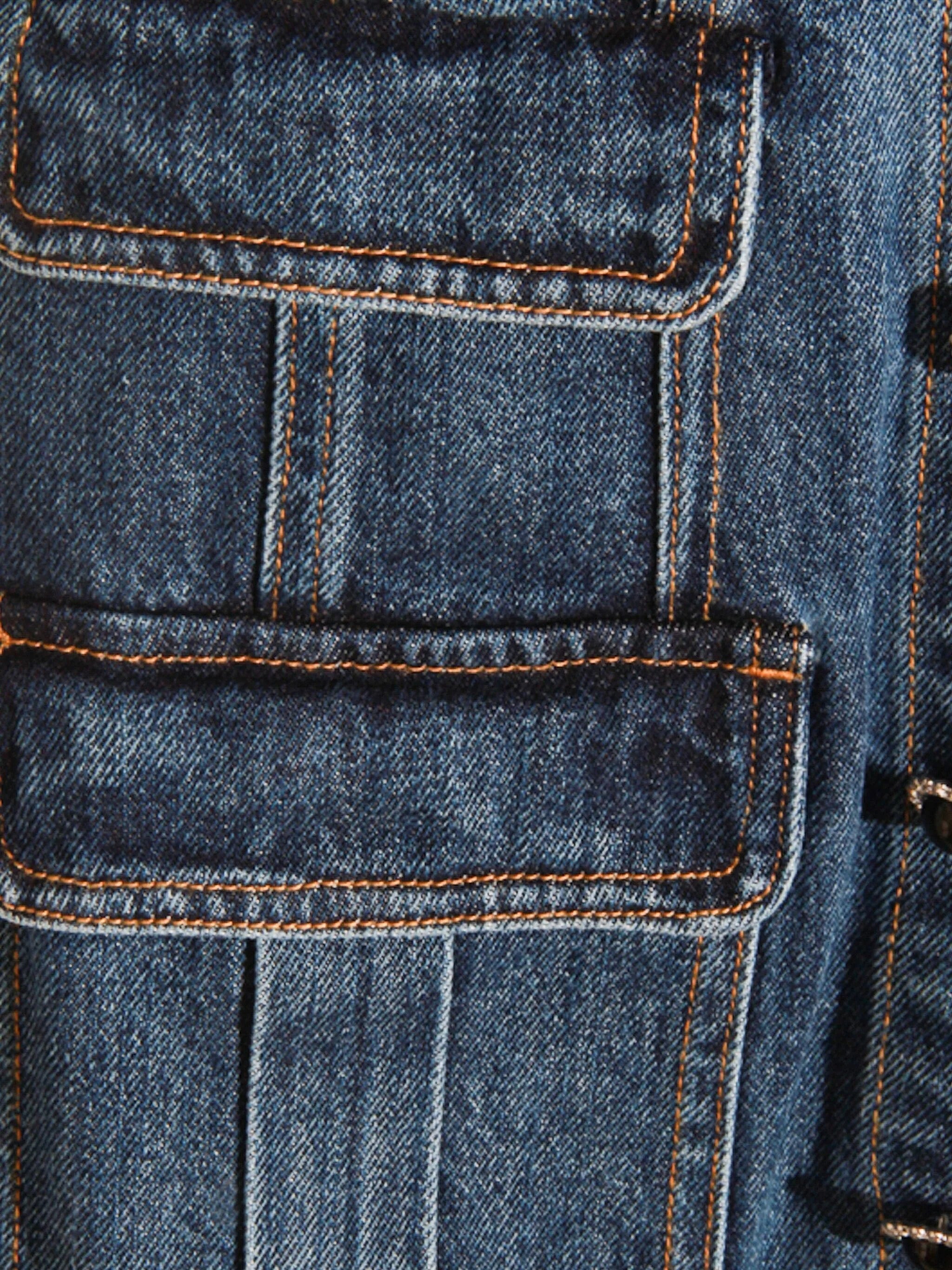 DENIM CRYSTAL TRIM COLLARED MINI DRESS