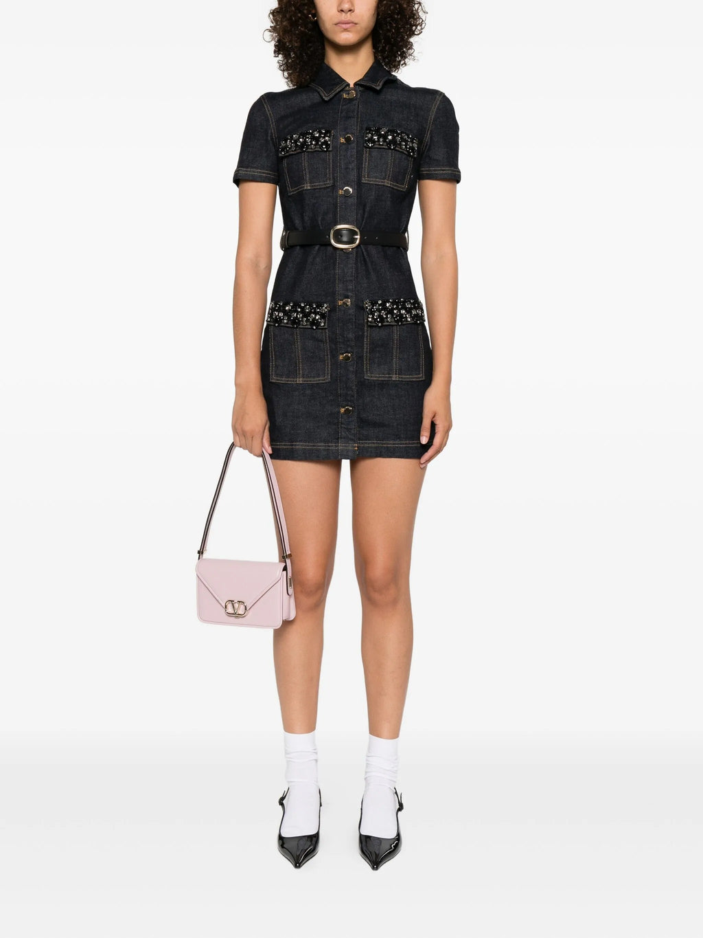 INDIGO DENIM CRYSTAL TRIM MINI DRESS