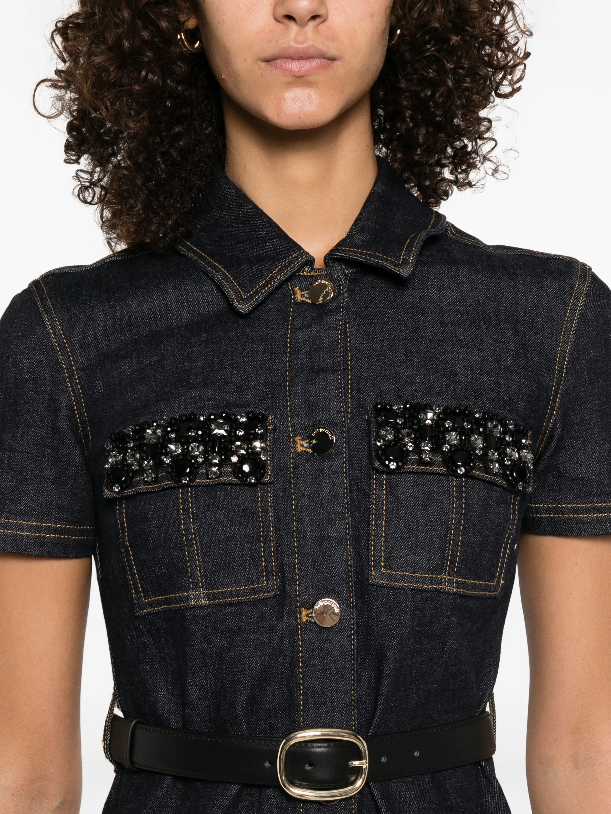 INDIGO DENIM CRYSTAL TRIM MINI DRESS