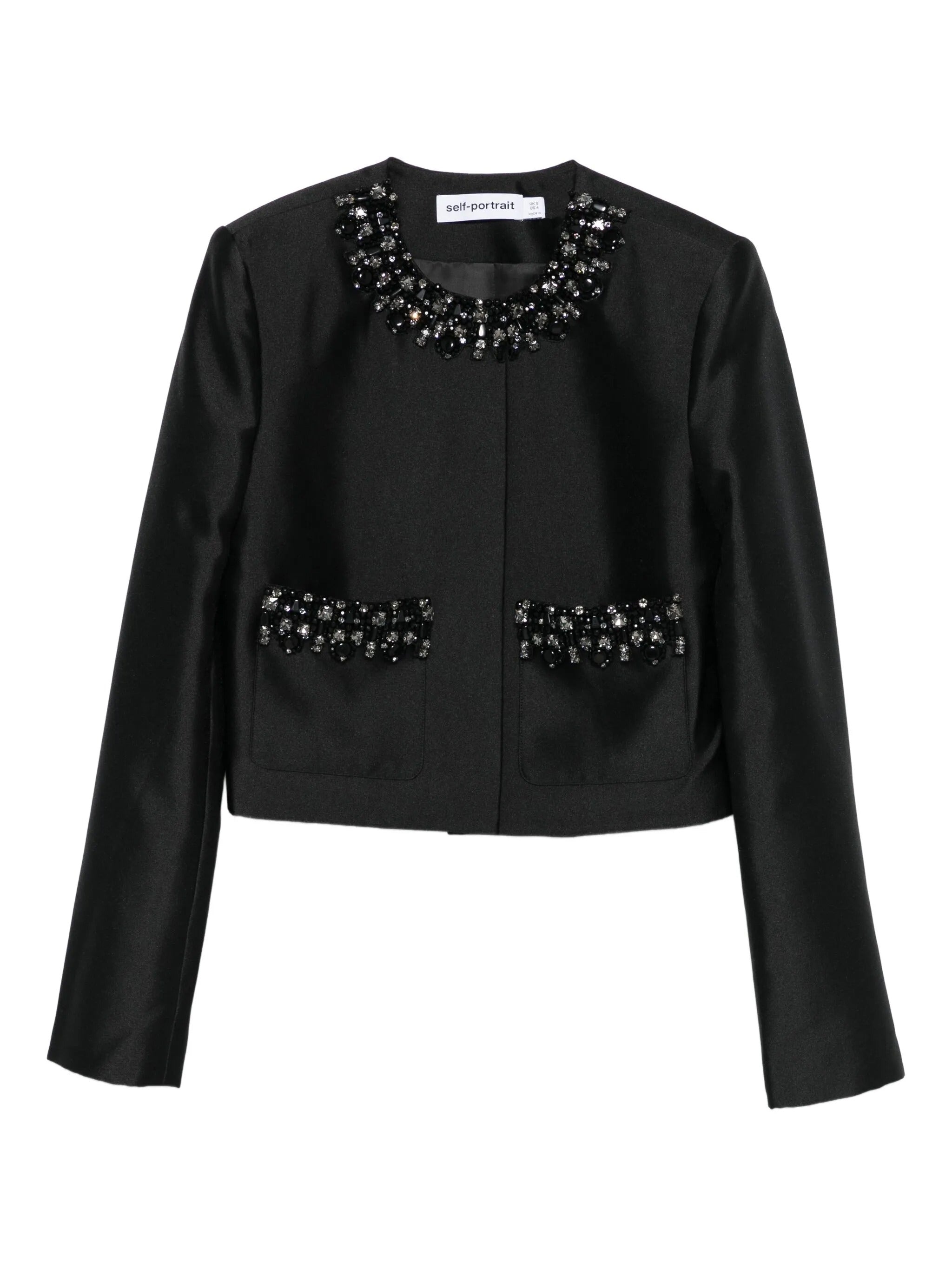 BLACK TAFFETA EMBELLISHED TRIM JACKET