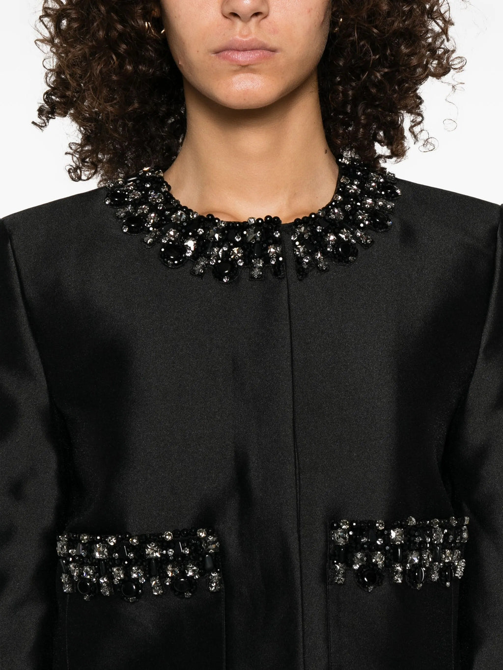 BLACK TAFFETA EMBELLISHED TRIM JACKET