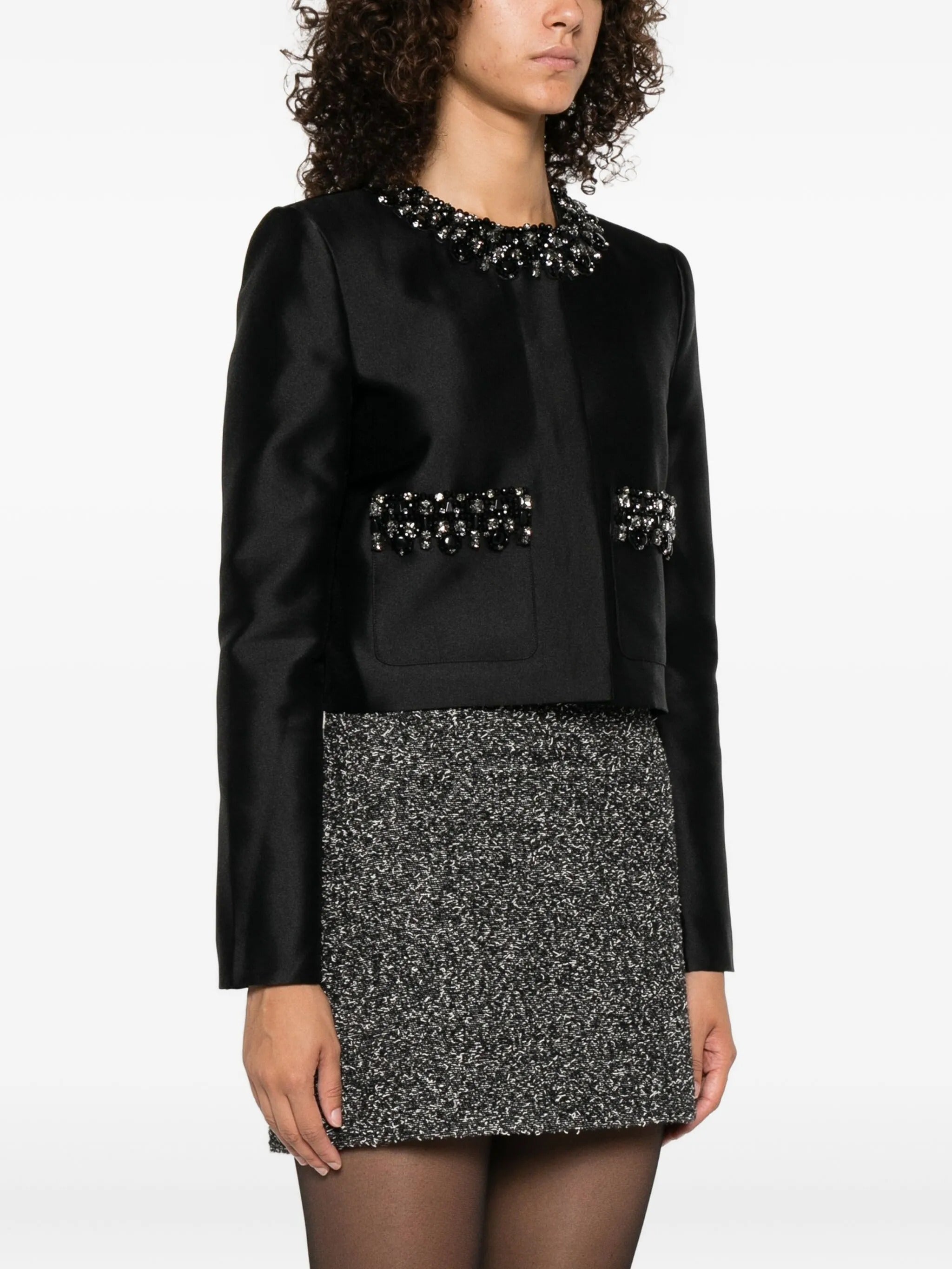 BLACK TAFFETA EMBELLISHED TRIM JACKET