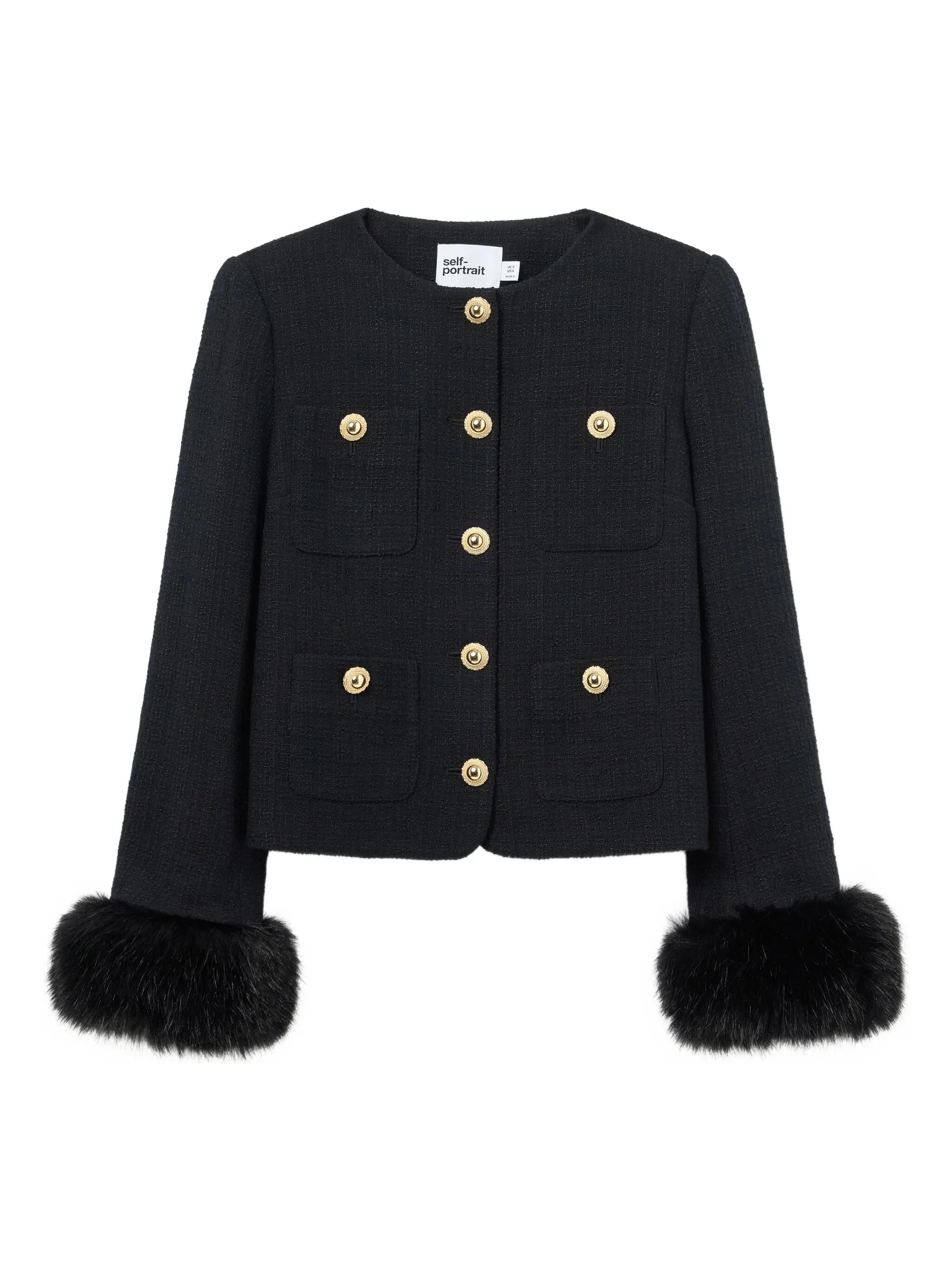 BLACK BOUCLE FUR CUFF JACKET