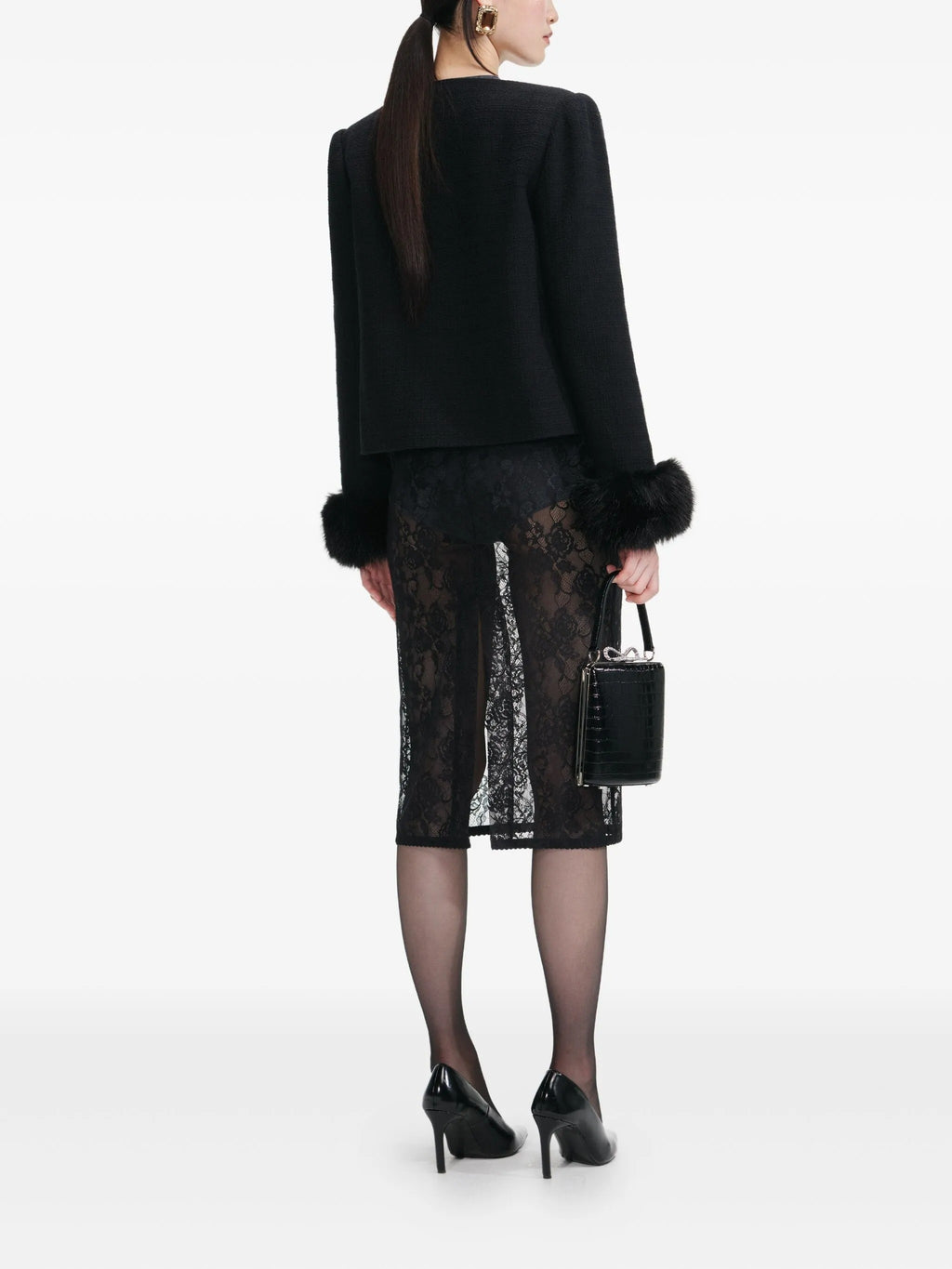 BLACK BOUCLE FUR CUFF JACKET