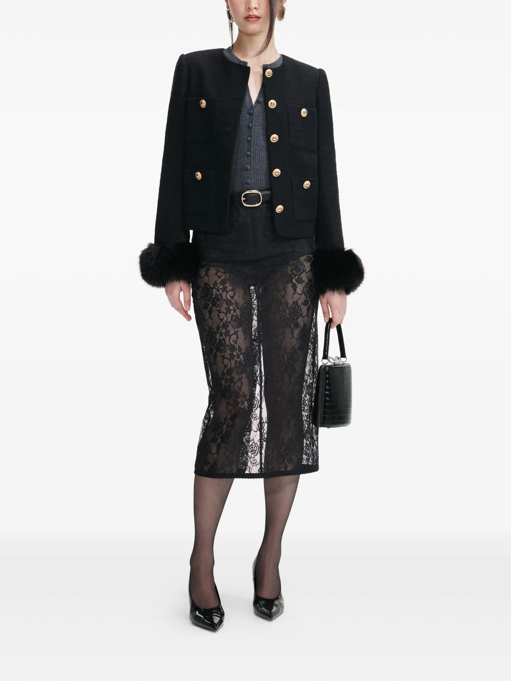 BLACK BOUCLE FUR CUFF JACKET