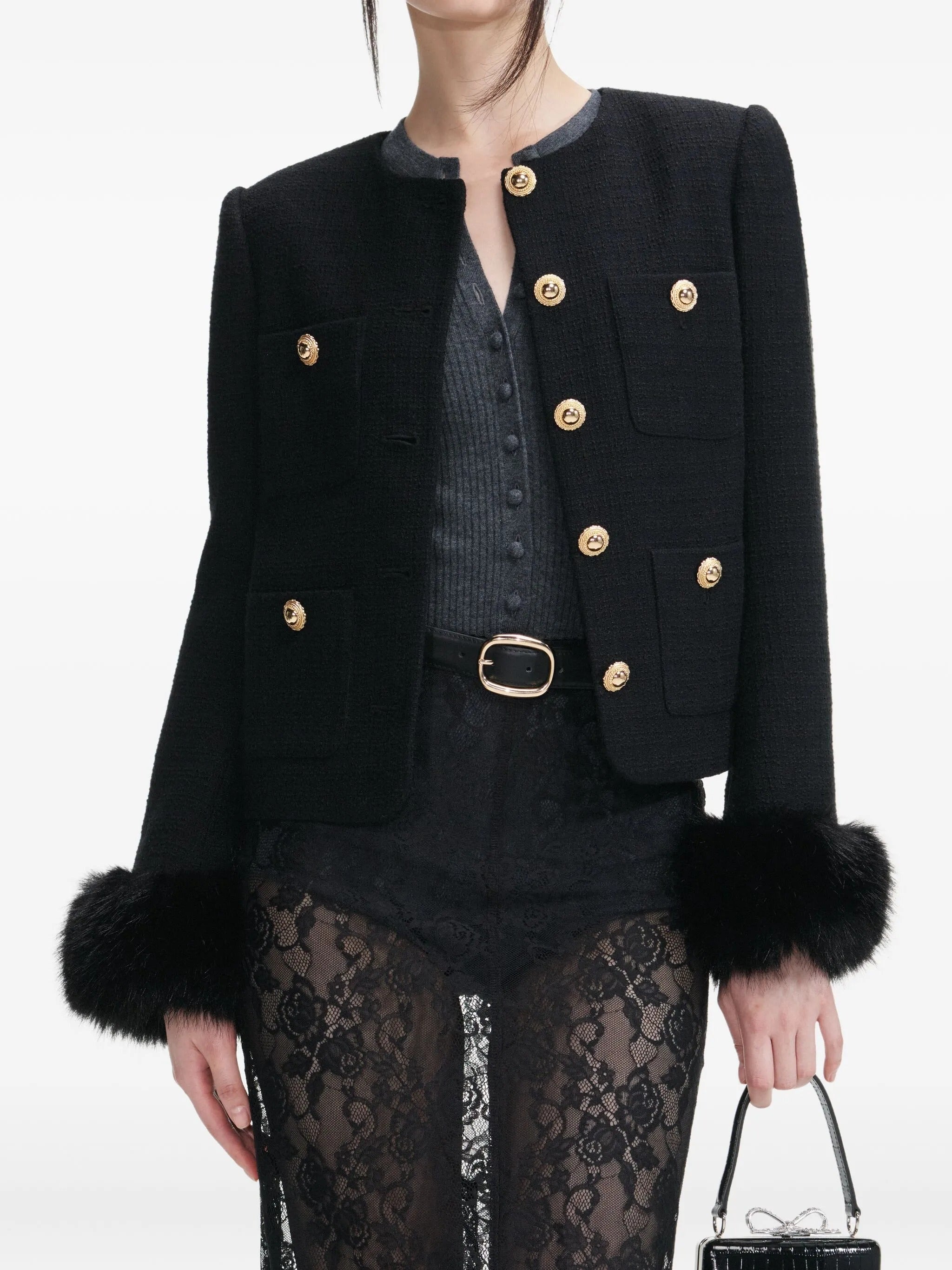 BLACK BOUCLE FUR CUFF JACKET