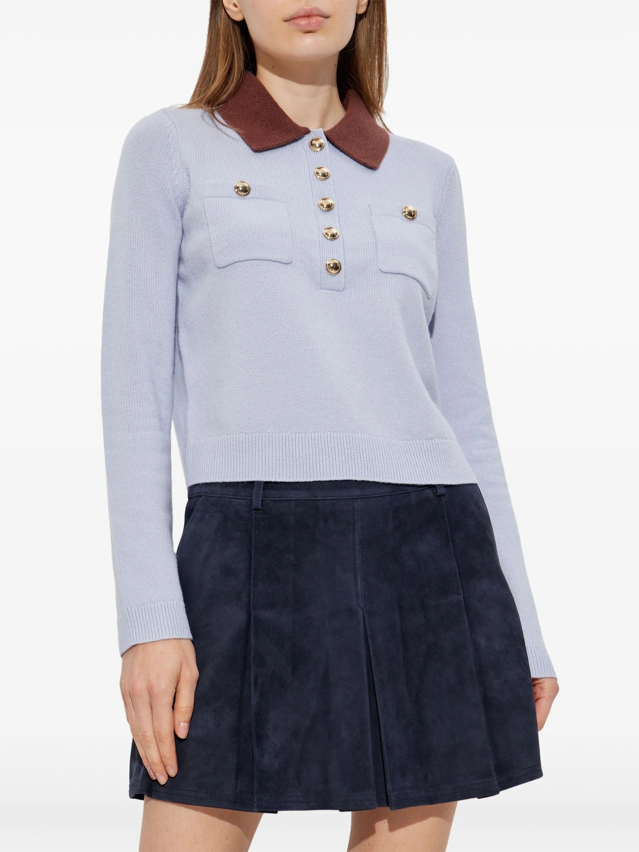 BLUE CONTRAST COLLAR KNIT TOP