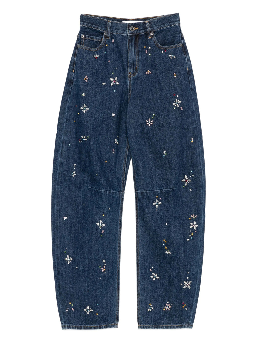 BLUE EMBELLISHED BARREL LEG JEANS