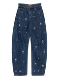BLUE EMBELLISHED BARREL LEG JEANS