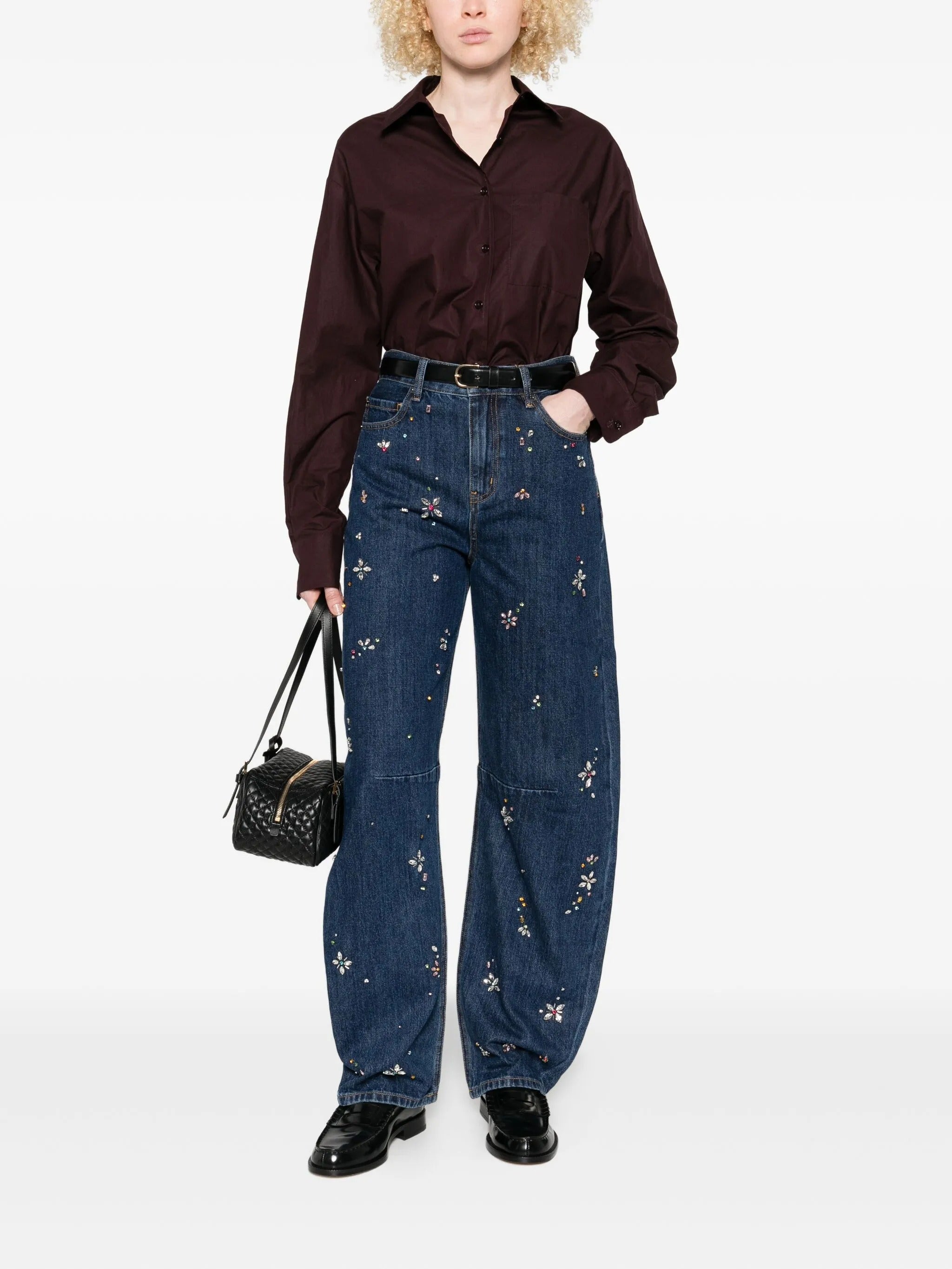 BLUE EMBELLISHED BARREL LEG JEANS