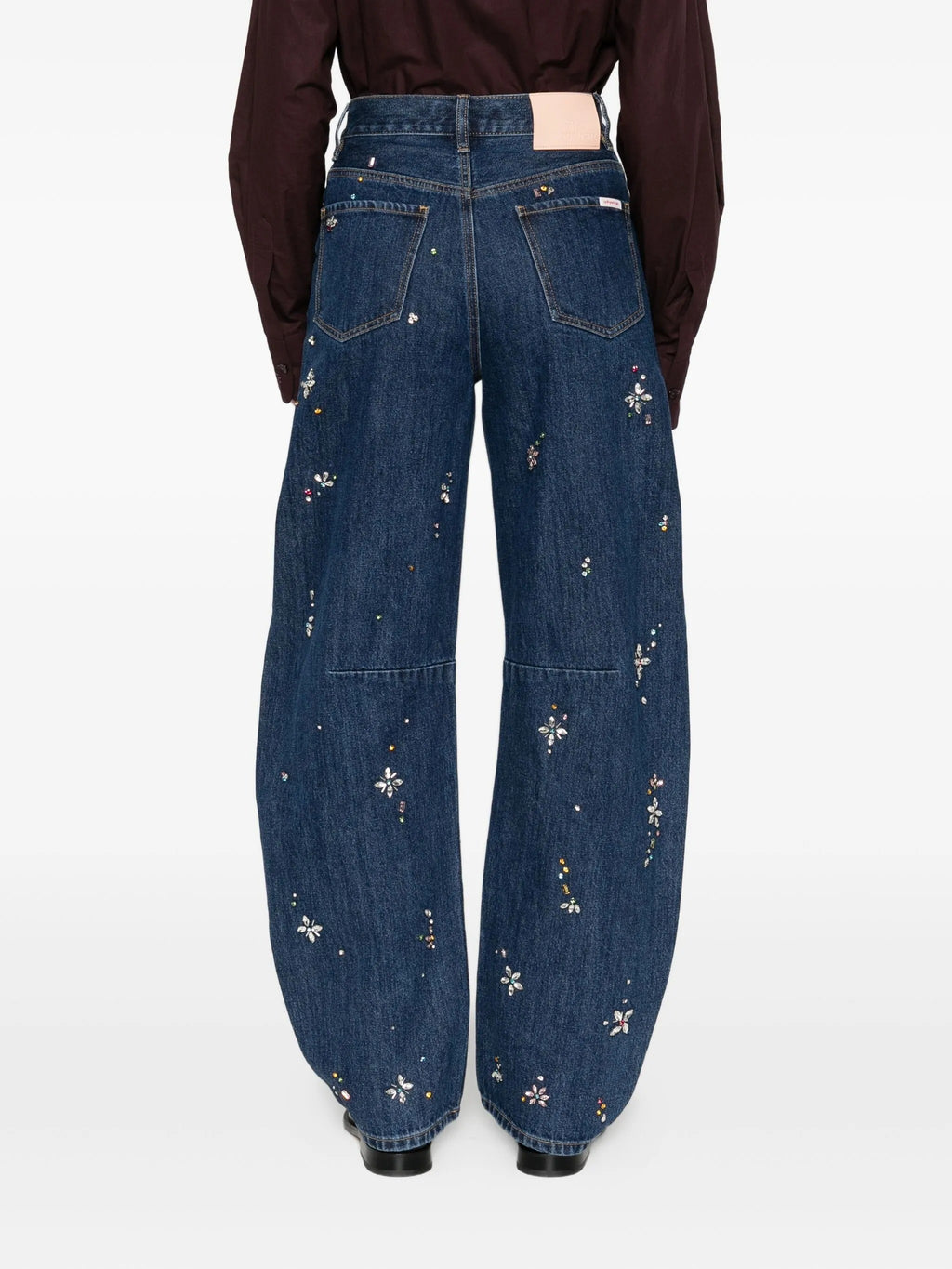 BLUE EMBELLISHED BARREL LEG JEANS