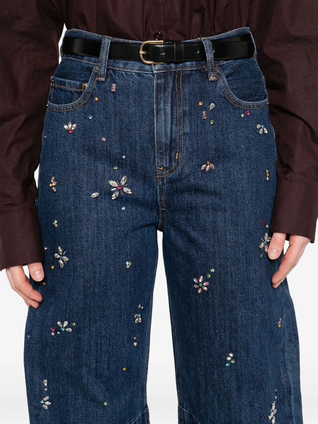 BLUE EMBELLISHED BARREL LEG JEANS