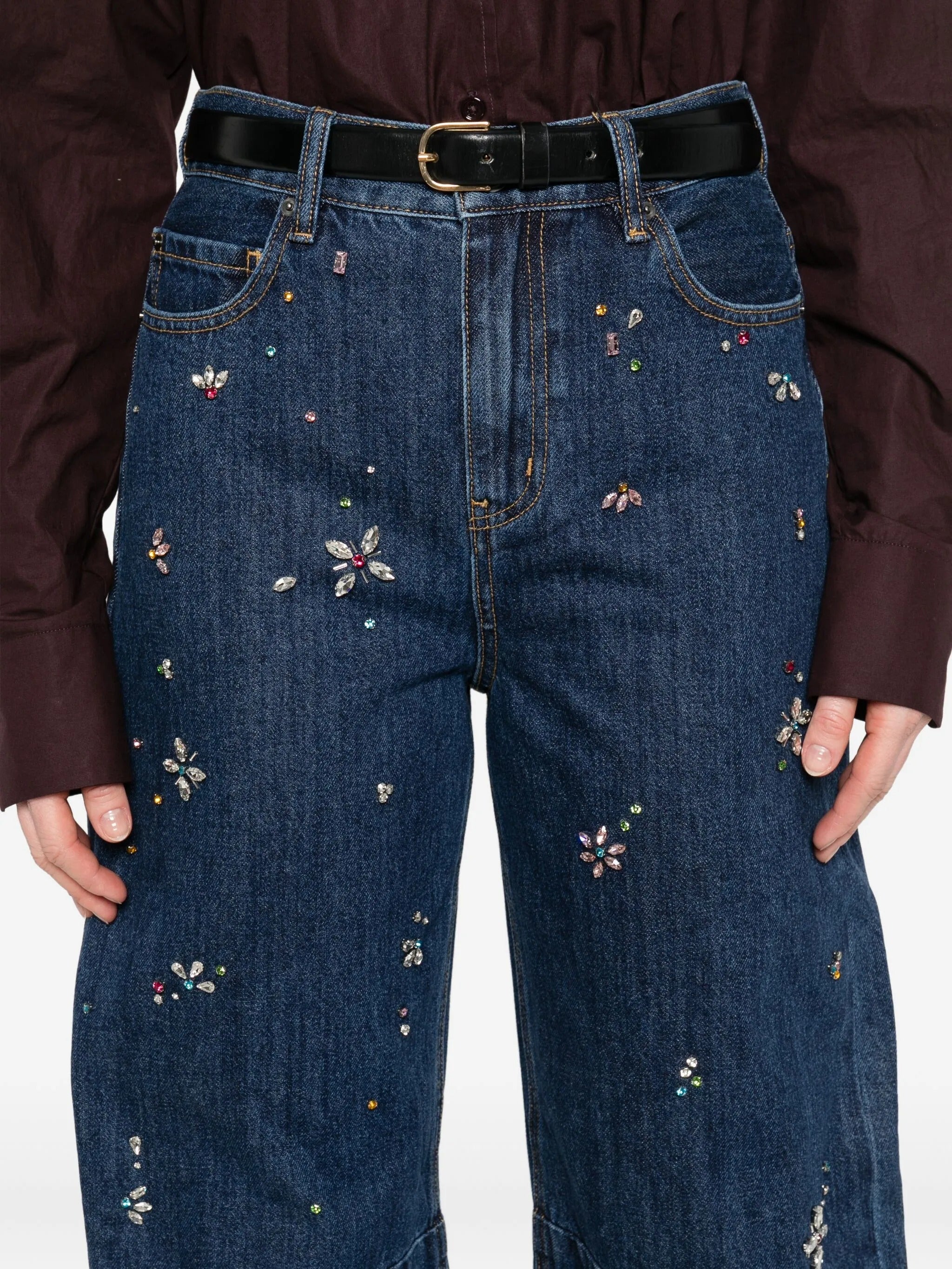 BLUE EMBELLISHED BARREL LEG JEANS