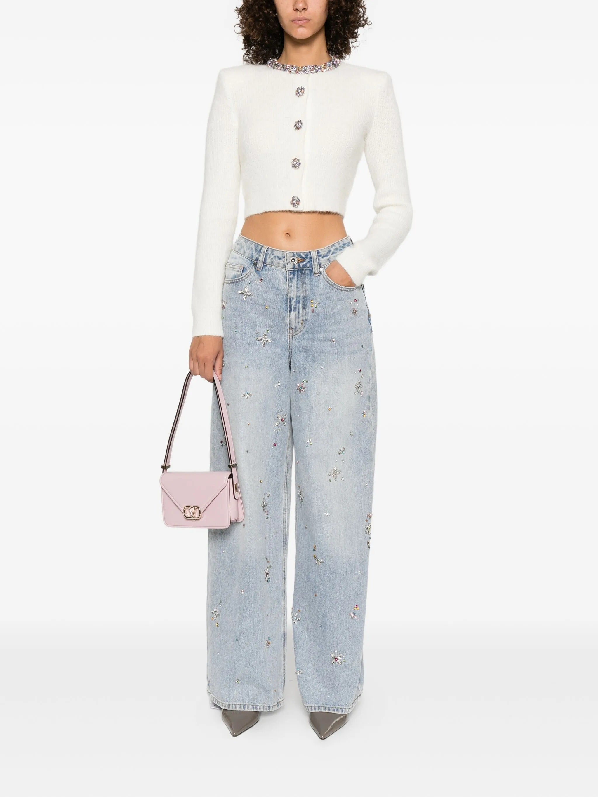LIGHT BLUE EMBELLISHED WIDE LEG JEANS