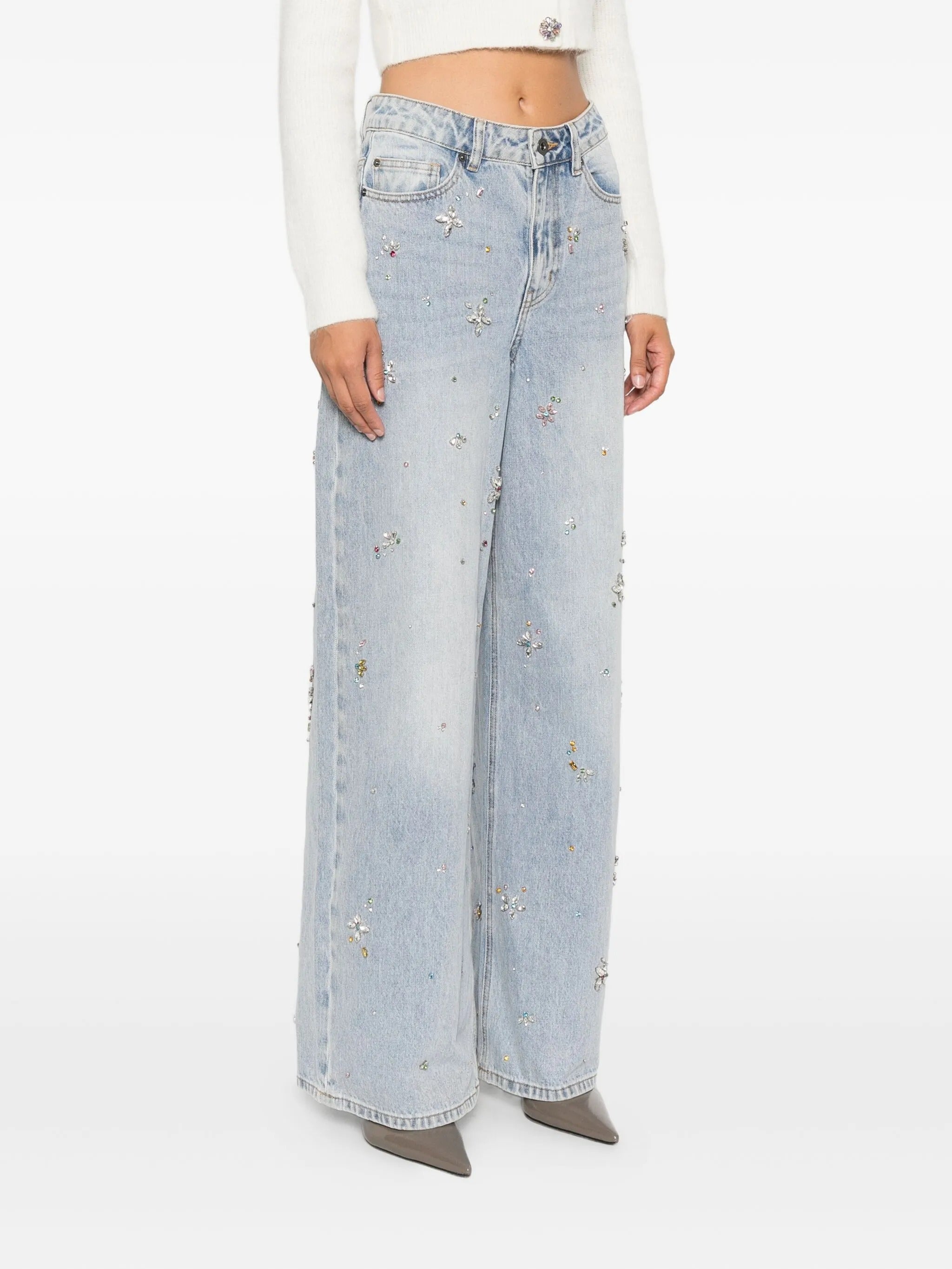 LIGHT BLUE EMBELLISHED WIDE LEG JEANS