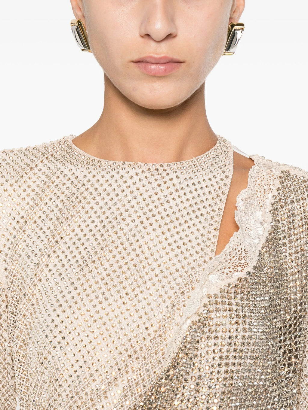 CHAMPAGNE RHINESTONE LACE TRIM MINI DRESS